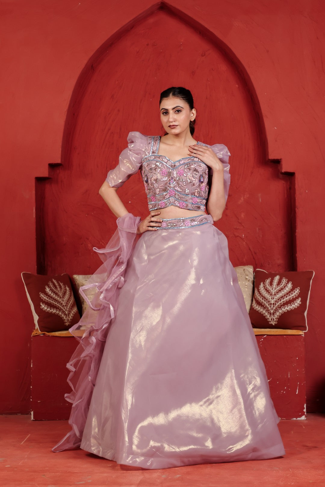 Lavender Net Lehenga with Handwork Blouse & Dupatta