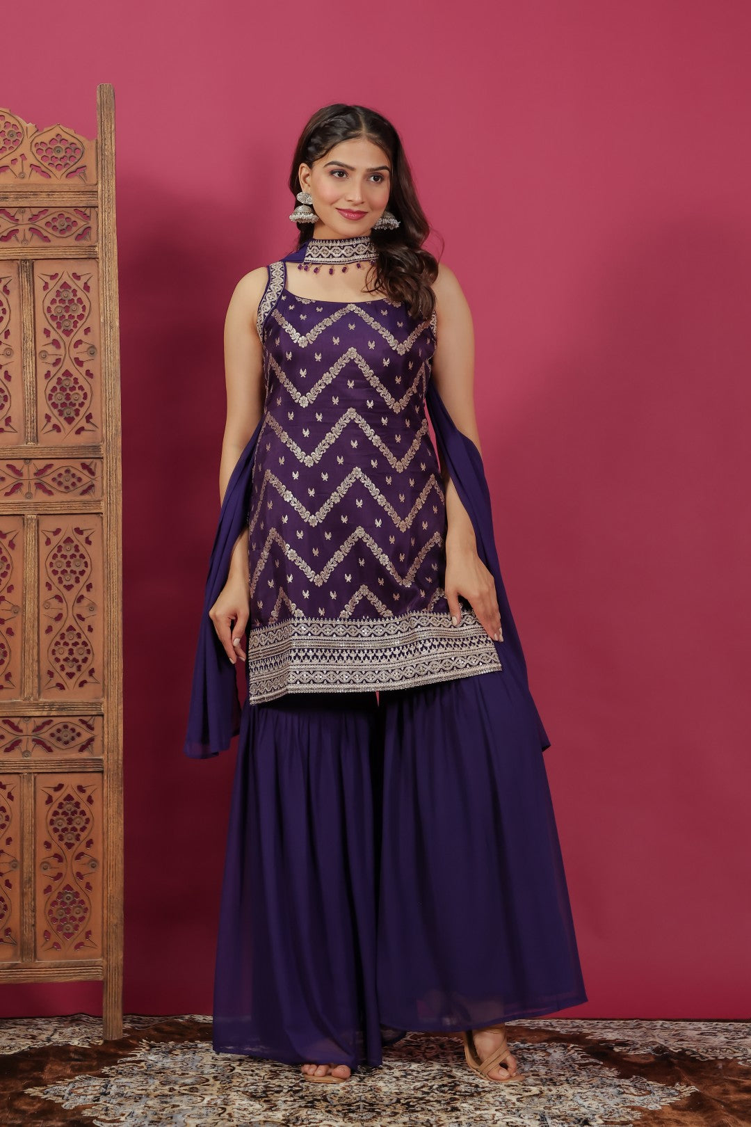 Purple Ho Silk Banarasi Top with Zari Work, Sharara & Dupatta