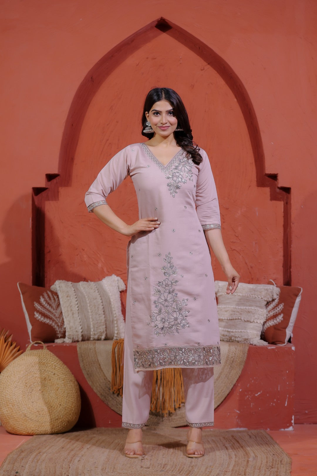 Light Peach Muslin Suit with Thread Embroidery, Bottom & Dupatta