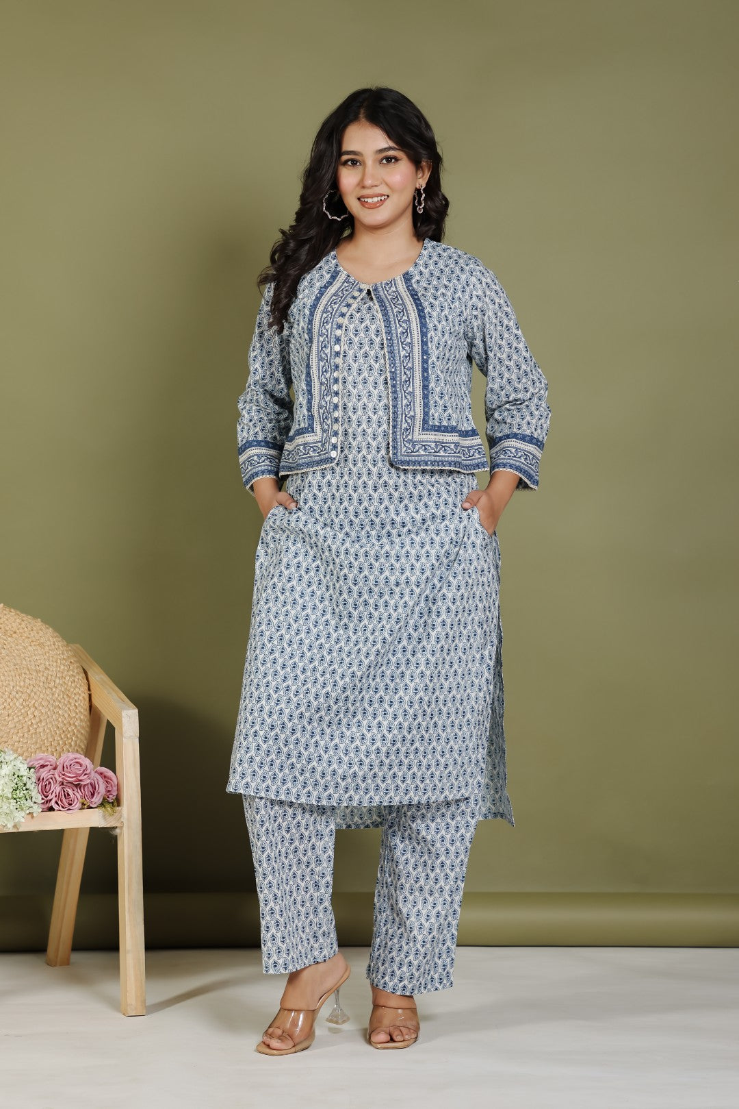 Offwhite Cotton Suit with Blue Prints and Paired With a Matching Jacket & Pant