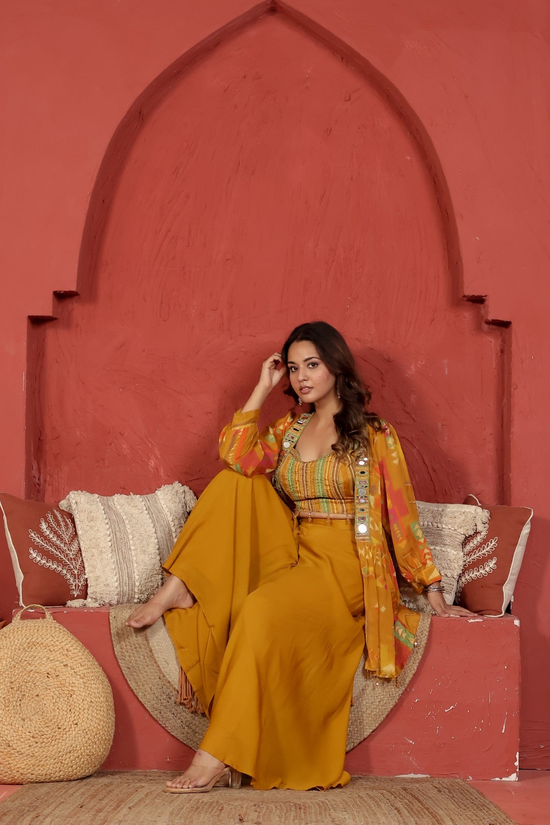 Mustard Yellow Chinon Silk Jacket with Mirror Work Palazzo & Printed Shrug