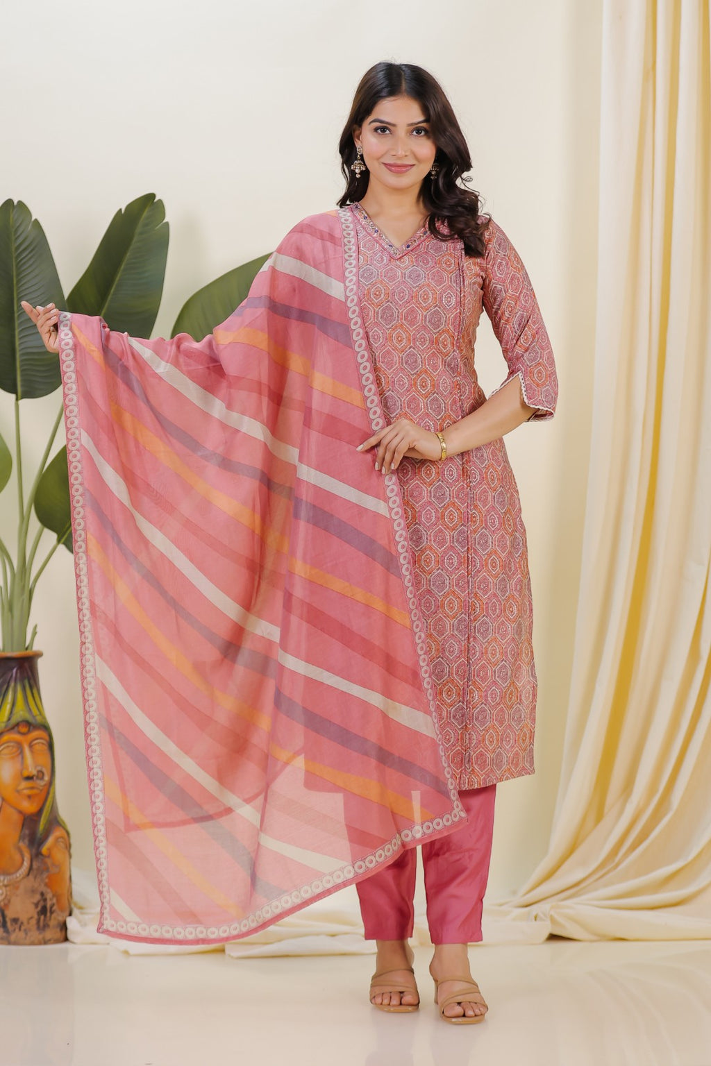 Multicolor Muslin Foil Printed Suit with Bottom & Dupatta