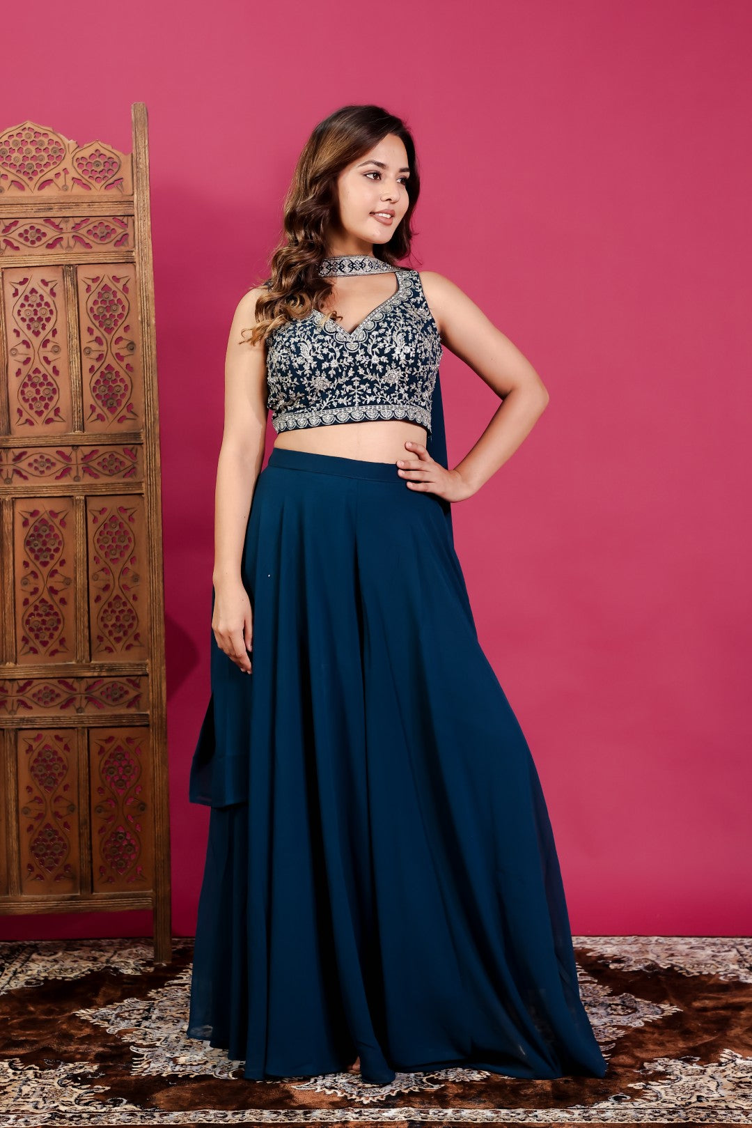 Diesel Blue Georgette Blouse with Heavy Zari Work, Sharara & Dupatta