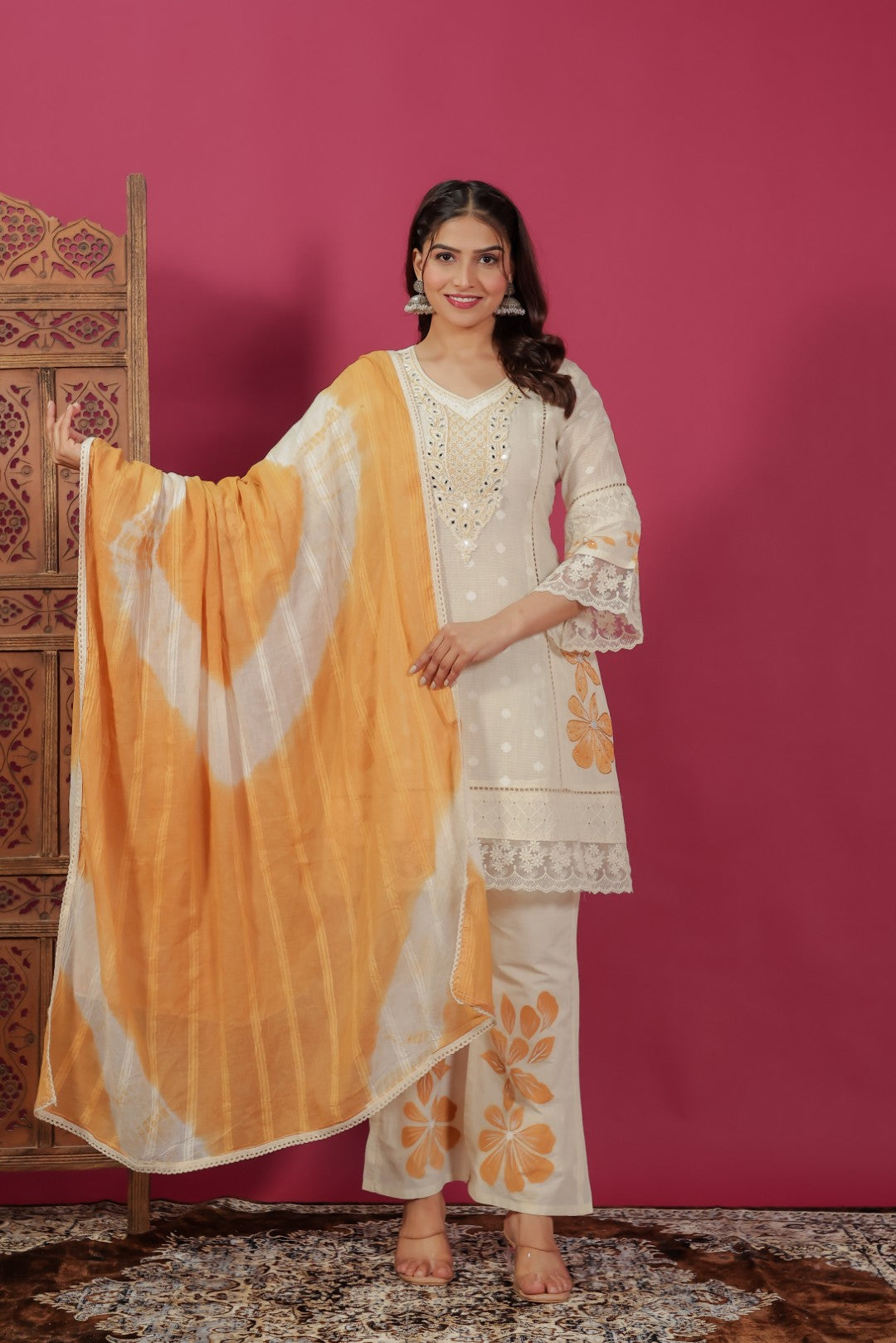 Off White Cotton Chikankari Handwork Co-ord Set with Dupatta