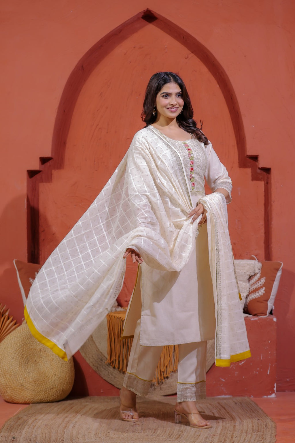 Off White Khadi Cotton Suit with Embroidered, Bottom & Dupatta