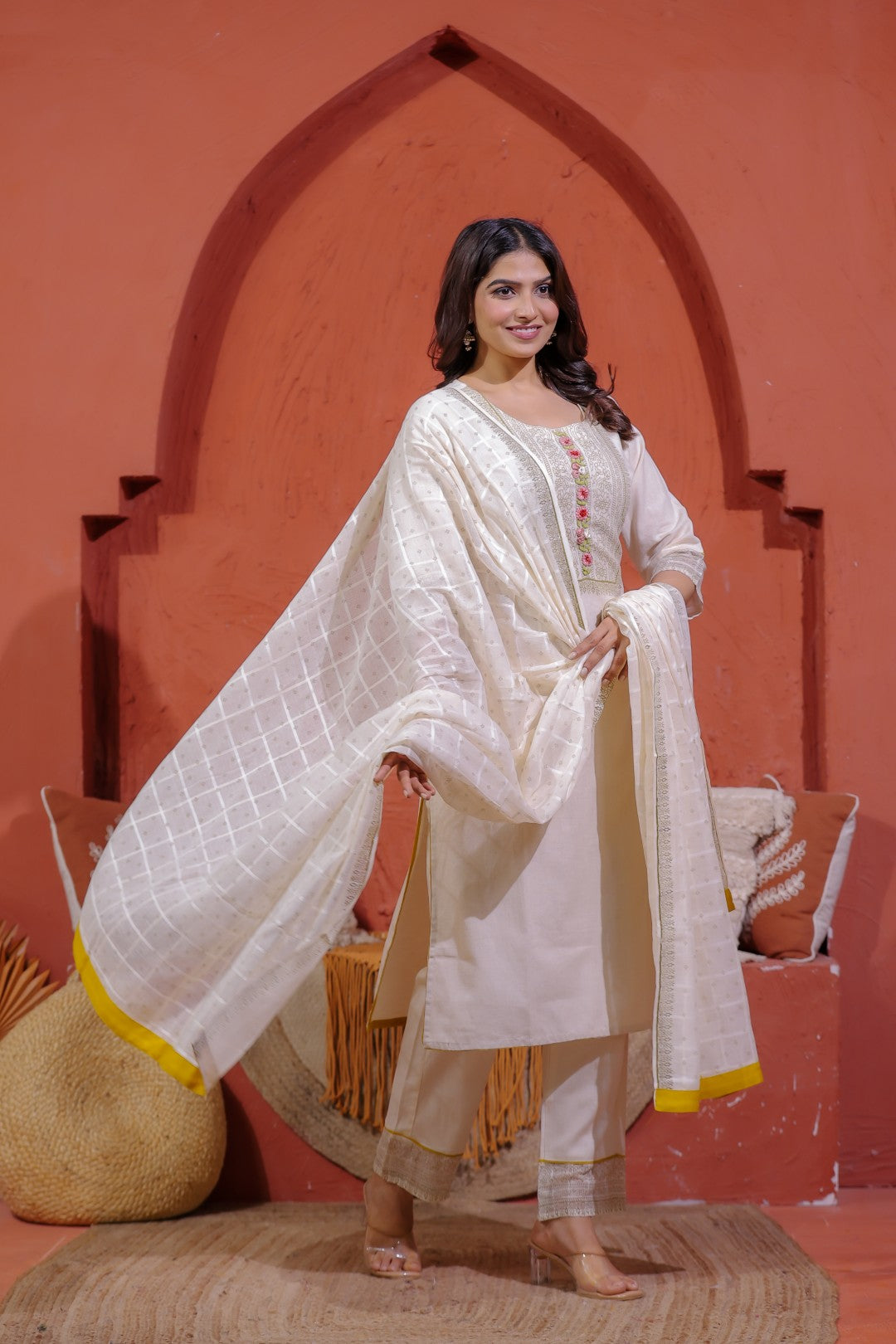 Off White Khadi Cotton Suit with Embroidered, Bottom & Dupatta