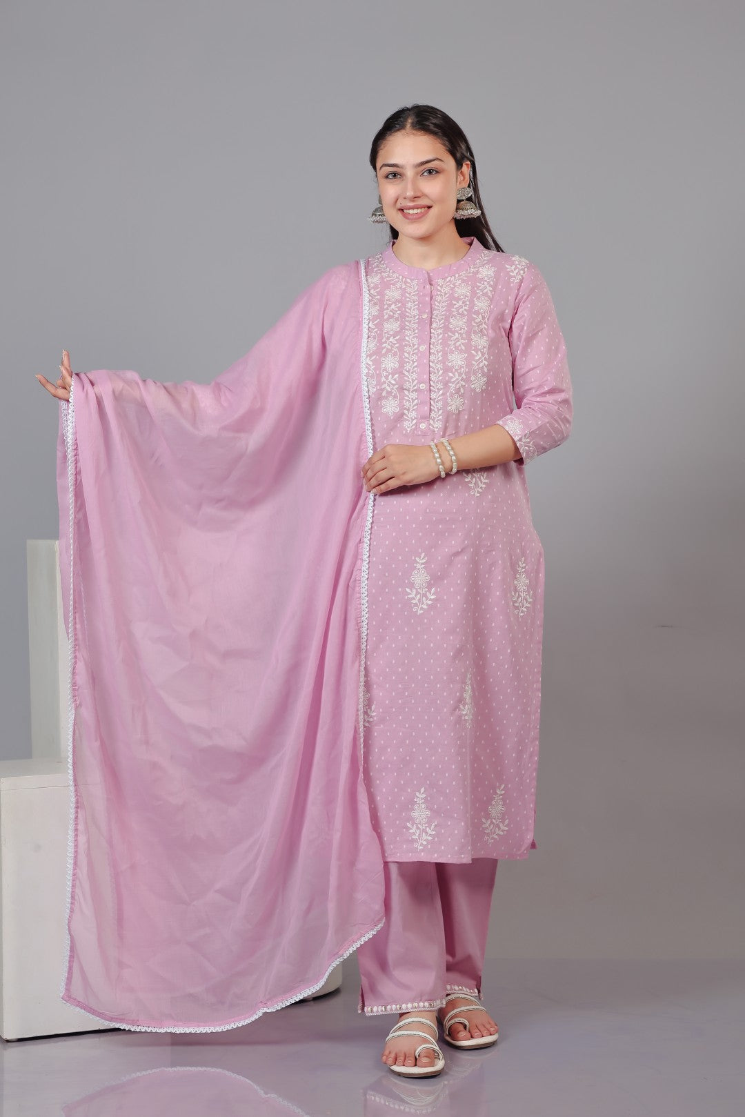 Pink Cotton Suit with Fine Thread Work, Bottom & Dupatta