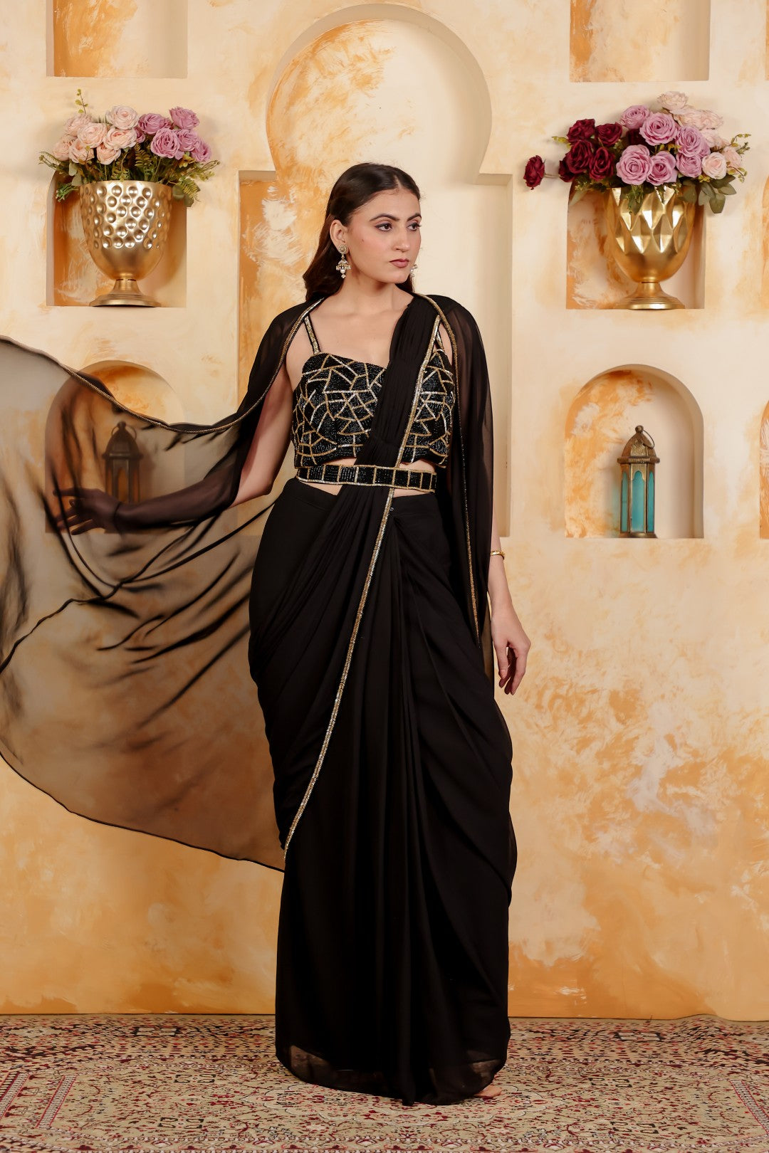 Black Georgette Drape Saree with Belt, Piping Work Blouse & Shrug
