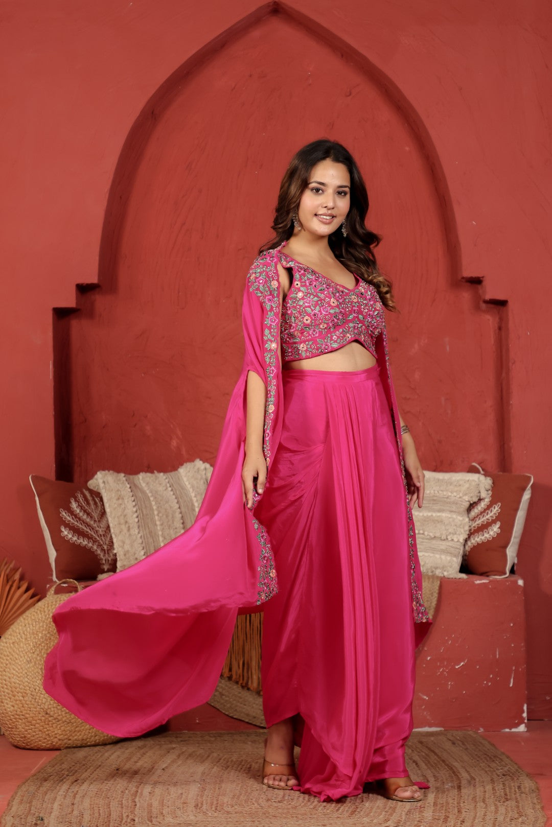 Rani Pink Crepe Silk Blouse with Thread & Mirror Work, Dhoti & Shrug