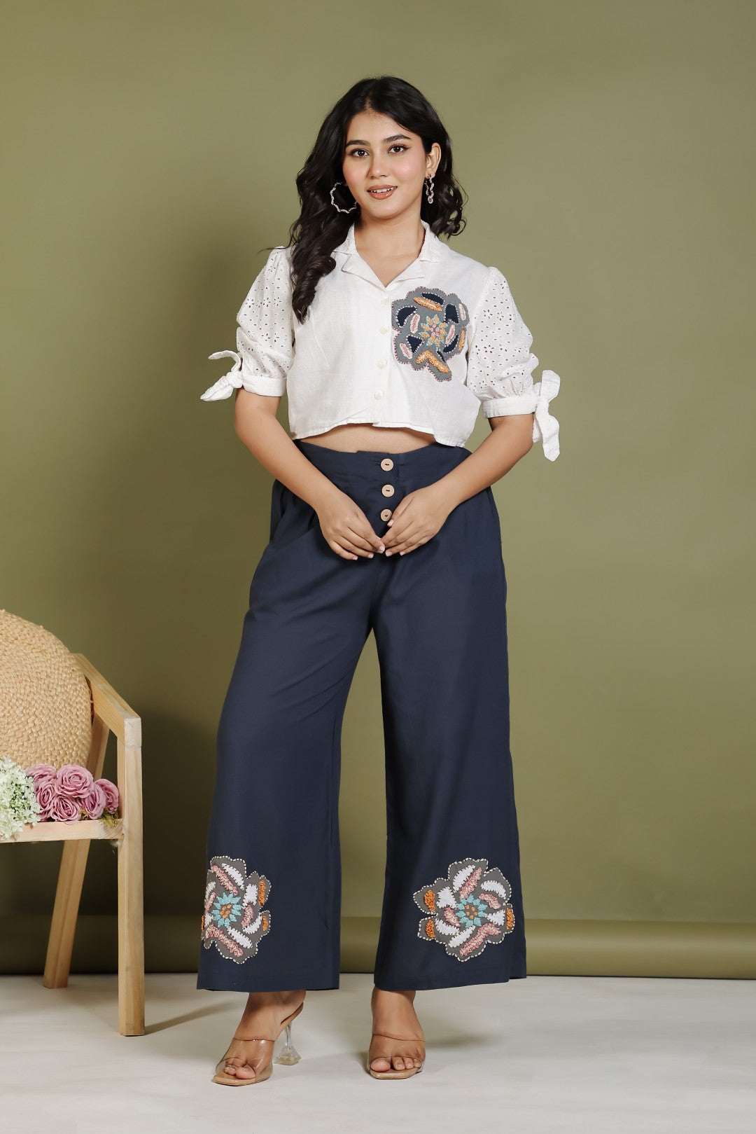 Offwhite Cotton Top with Patch Thread Work and Teal Blue Linen Cotton Palazzo Pant