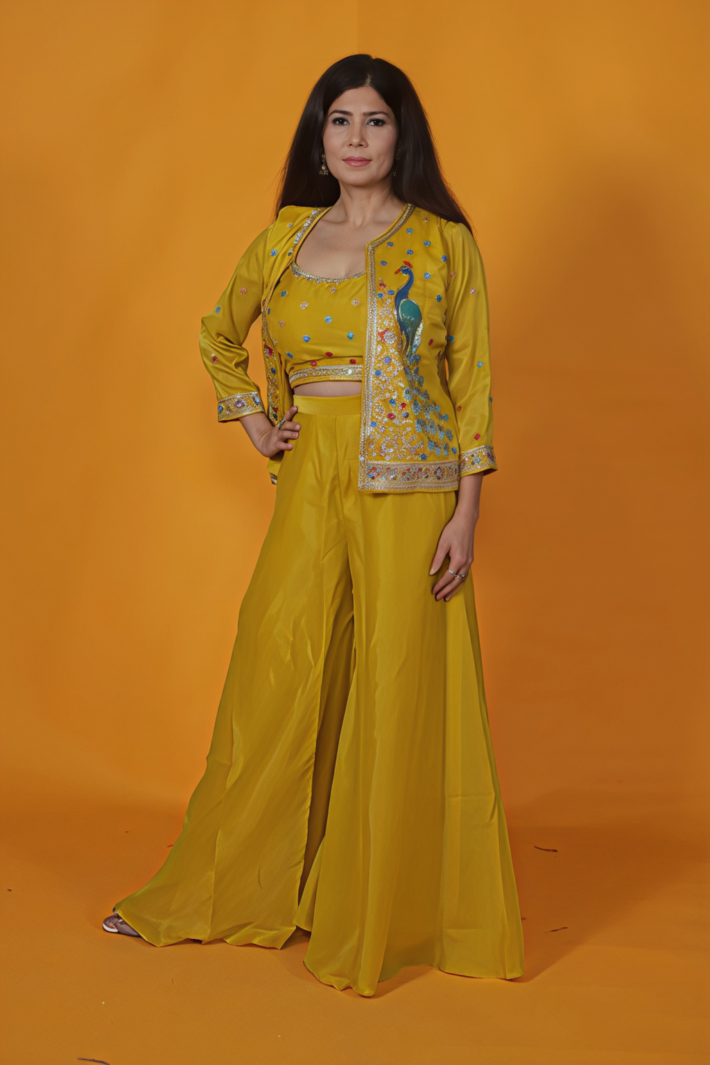 Yellow Mosh Silk Blouse with Zari Butti, Embroidery Jacket & Sharara