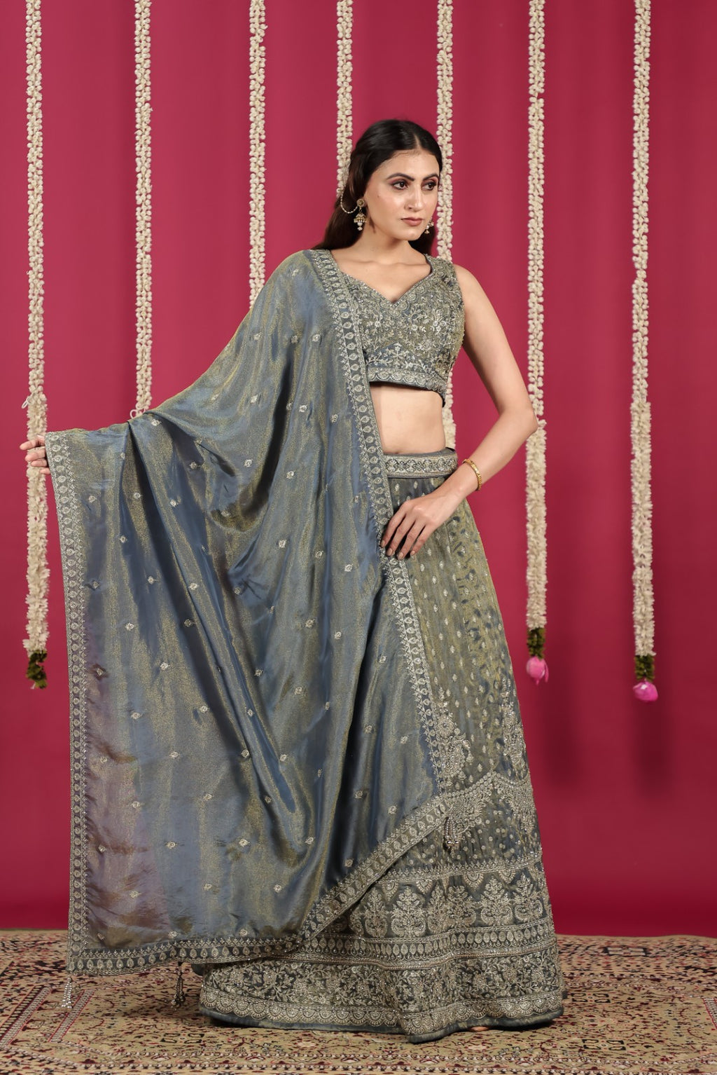 Steal Grey Mosh Silk Blouse with Full Heavy Zari Work, Lehenga & Dupatta