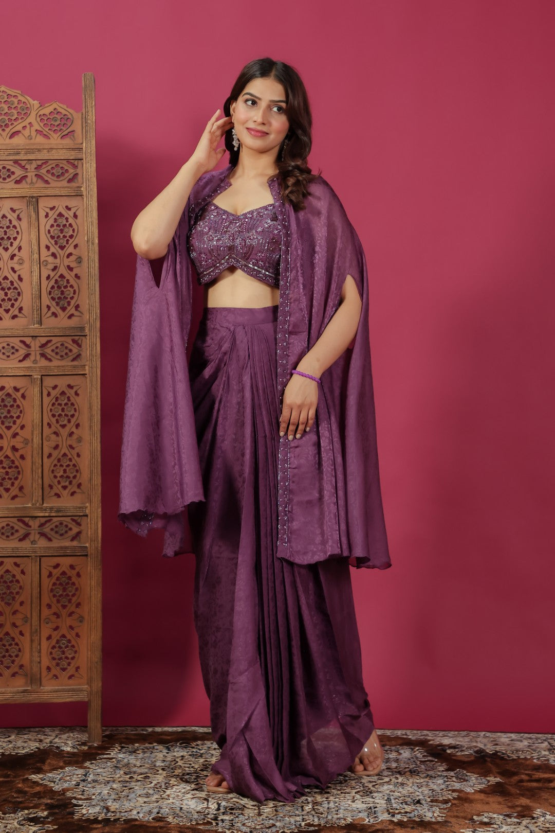Purple Mosh Silk Jacquard Dhoti Set with Handwork Blouse & Shrug