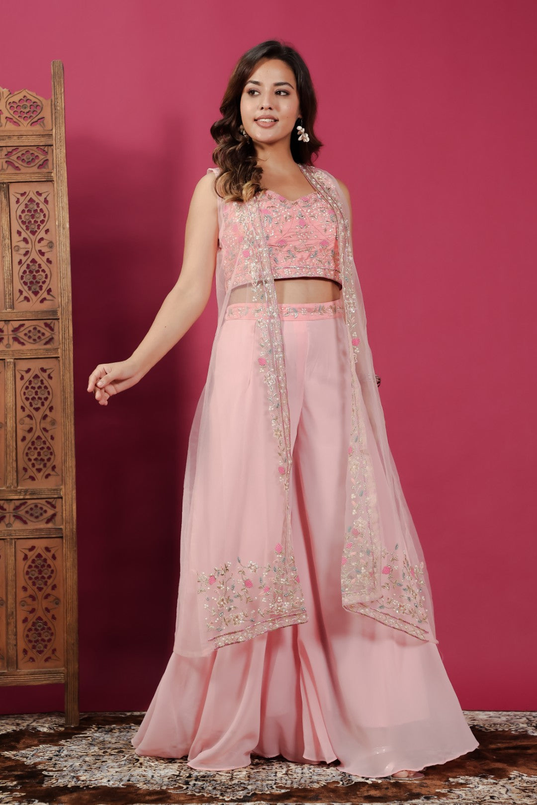 Peach Silk & Georgette Blouse with Zari Stone Work, Sharara & Shrug