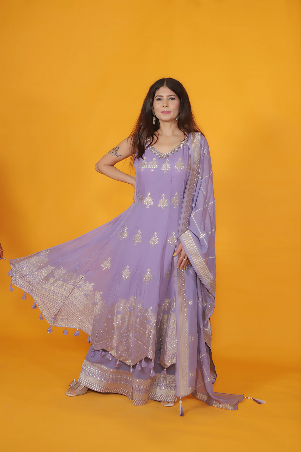 Lavender HO Silk Top with Banarsi Butti Handwork, Palazzo & Dupatta