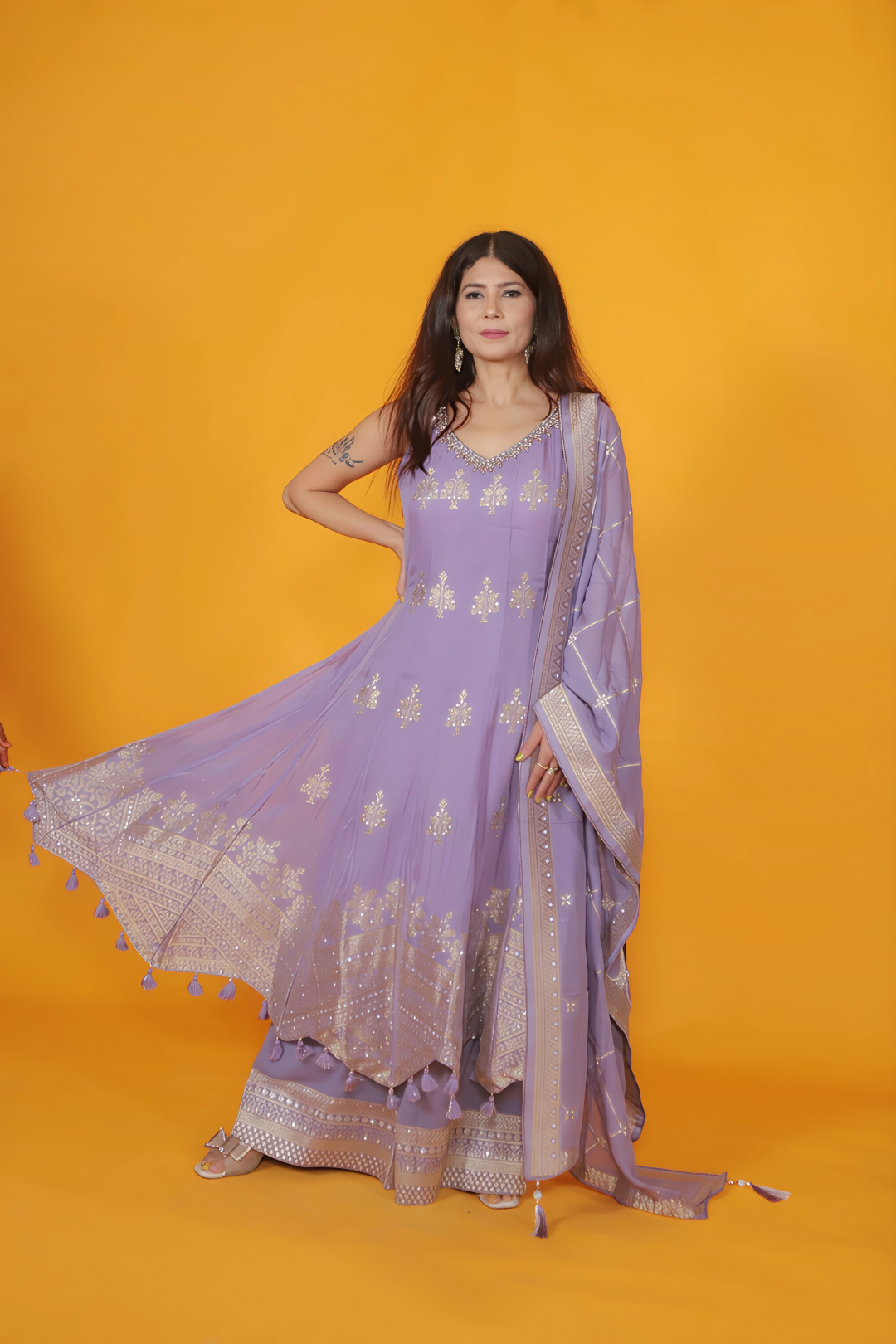 Lavender HO Silk Top with Banarsi Butti Handwork, Palazzo & Dupatta