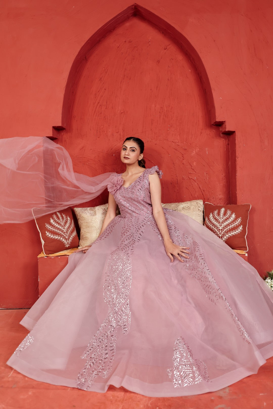 Baby Pink Net Gown with Sequin Work & Attached Dupatta