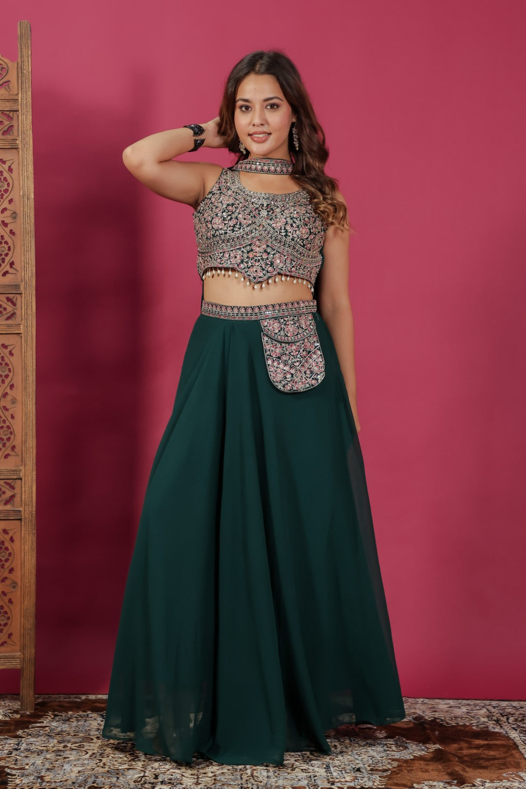 Dark Green Georgette Blouse with Heavy Zari Work, Sharara & Dupatta