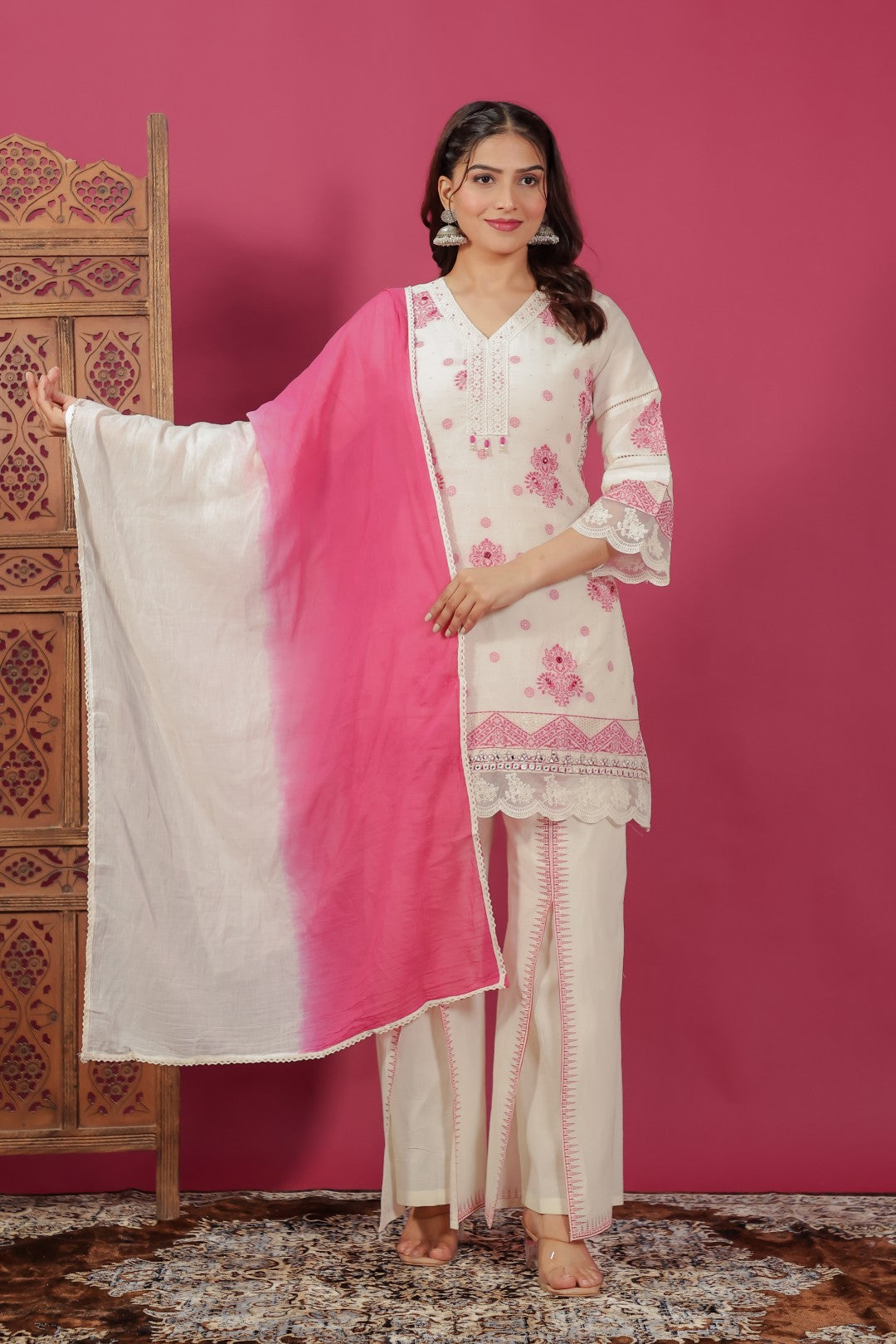 Off White Cotton Jacquard Work Co-ord Set with Dupatta