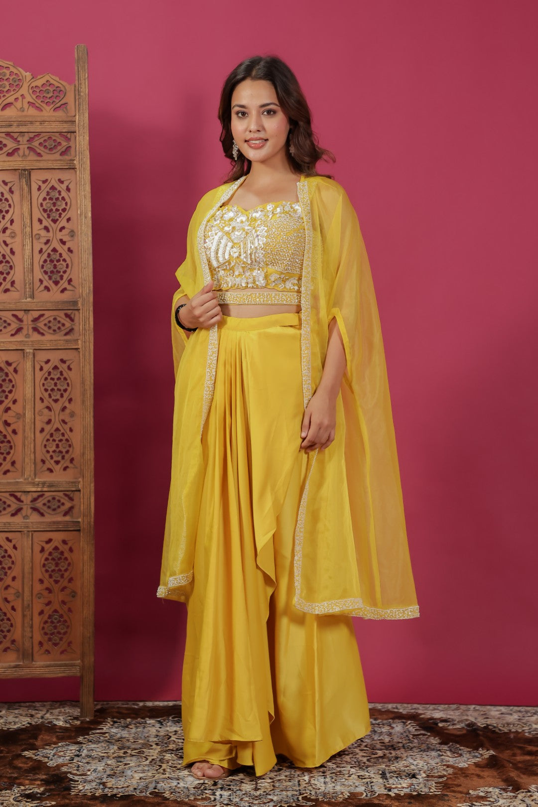 Yellow Satin Silk Dhoti Set with Pearl Handwork Blouse & Shrug