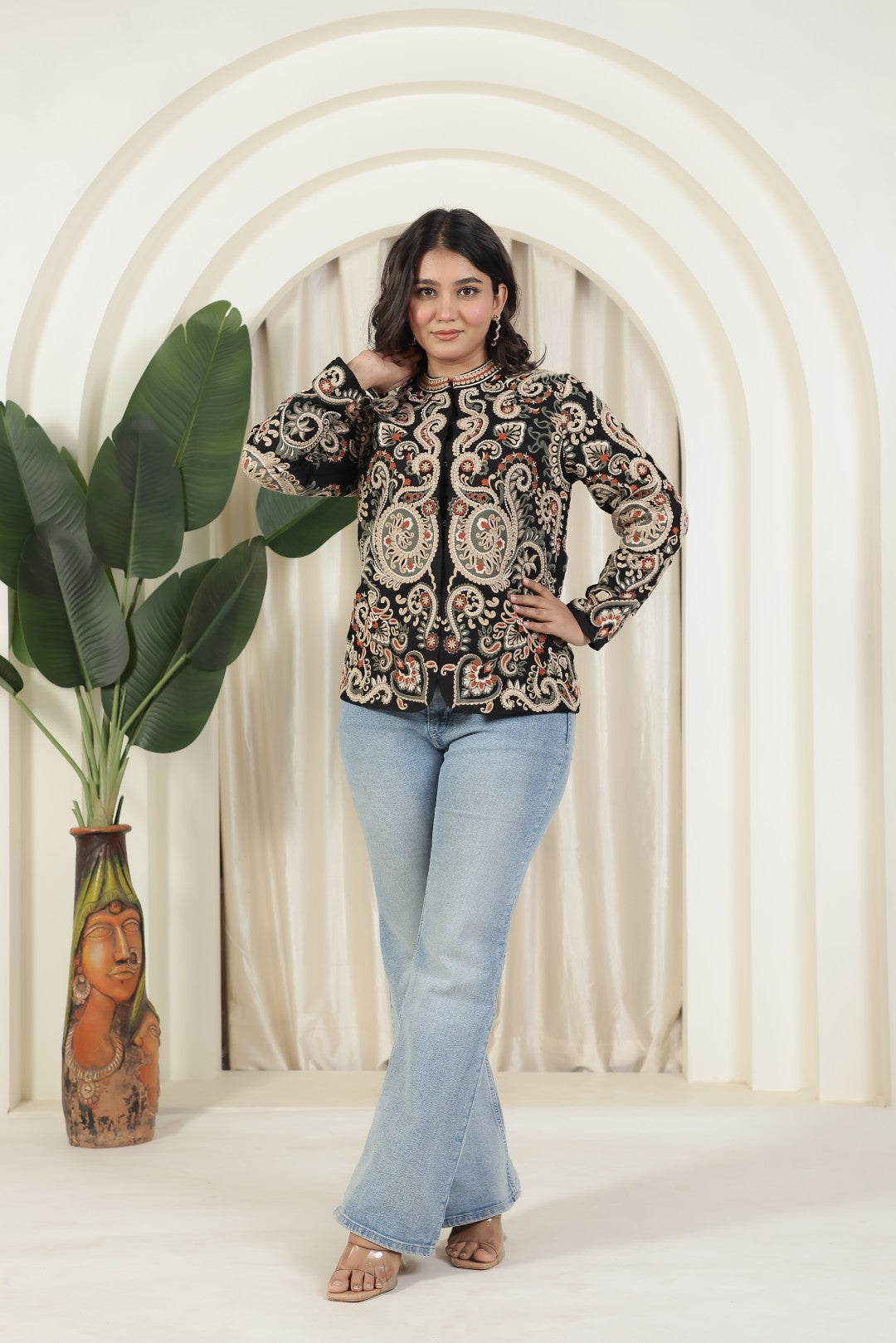 Black Muslin Cotton Jacket with Full Kashmiri Thread Embroidery