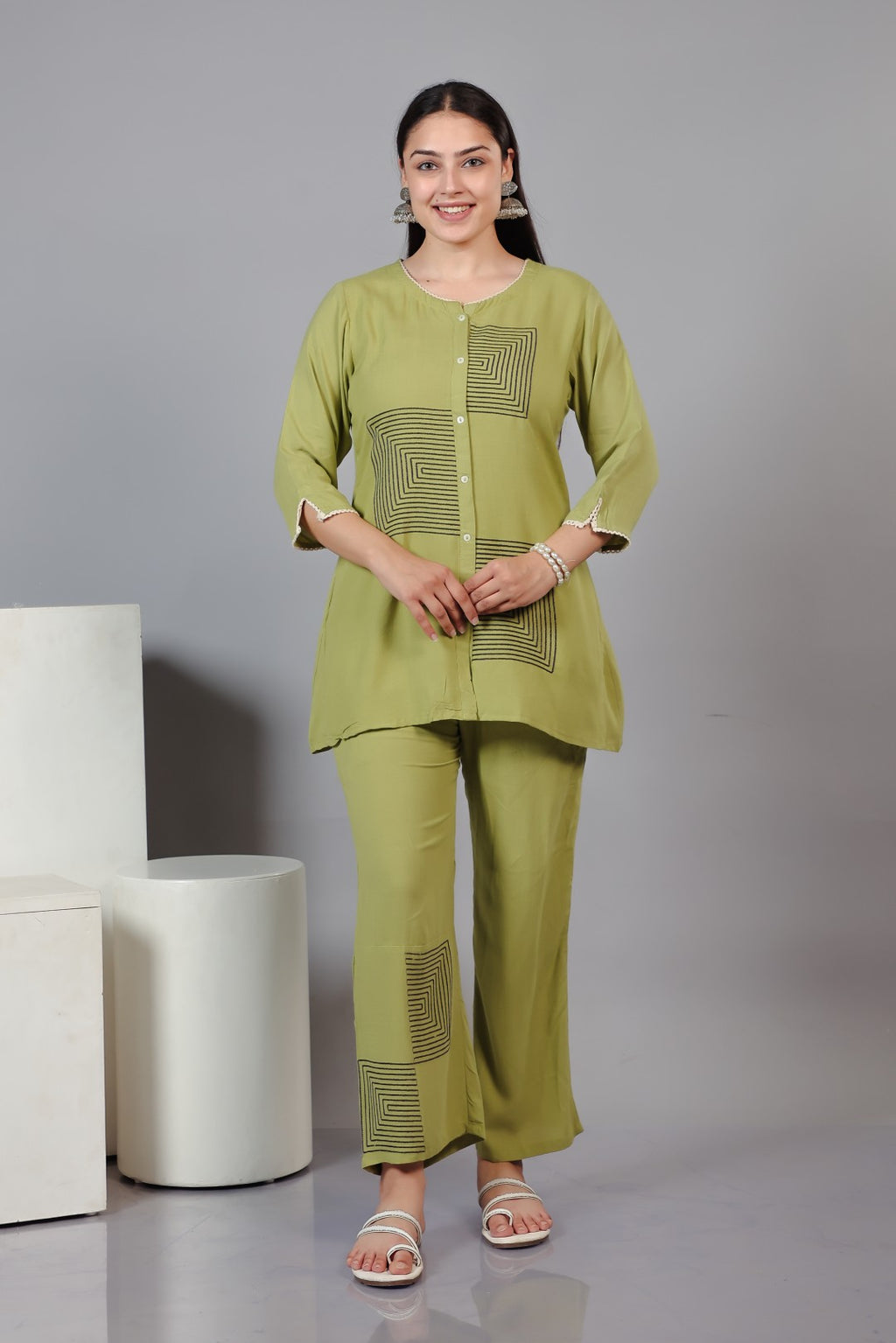 Pista Green Rayon Top with Thread Work Co-ord Set