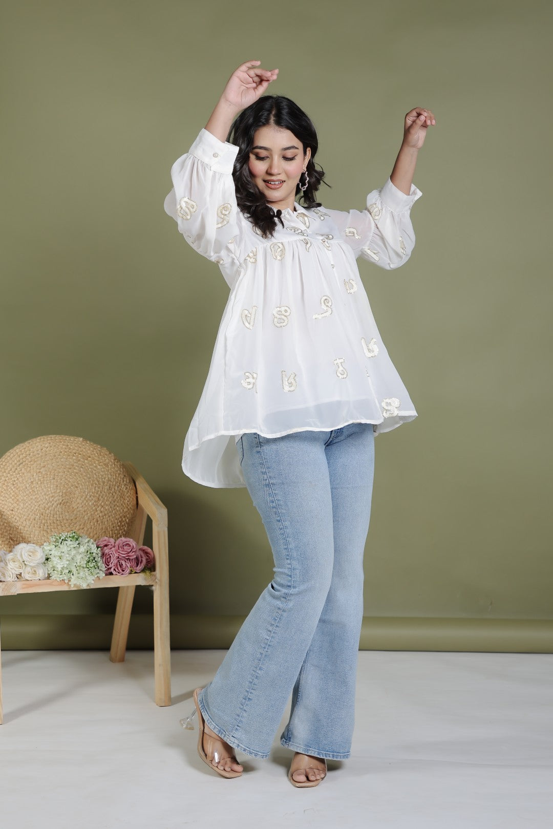 Offwhite Georgette Shirt with Thread Sequence Work
