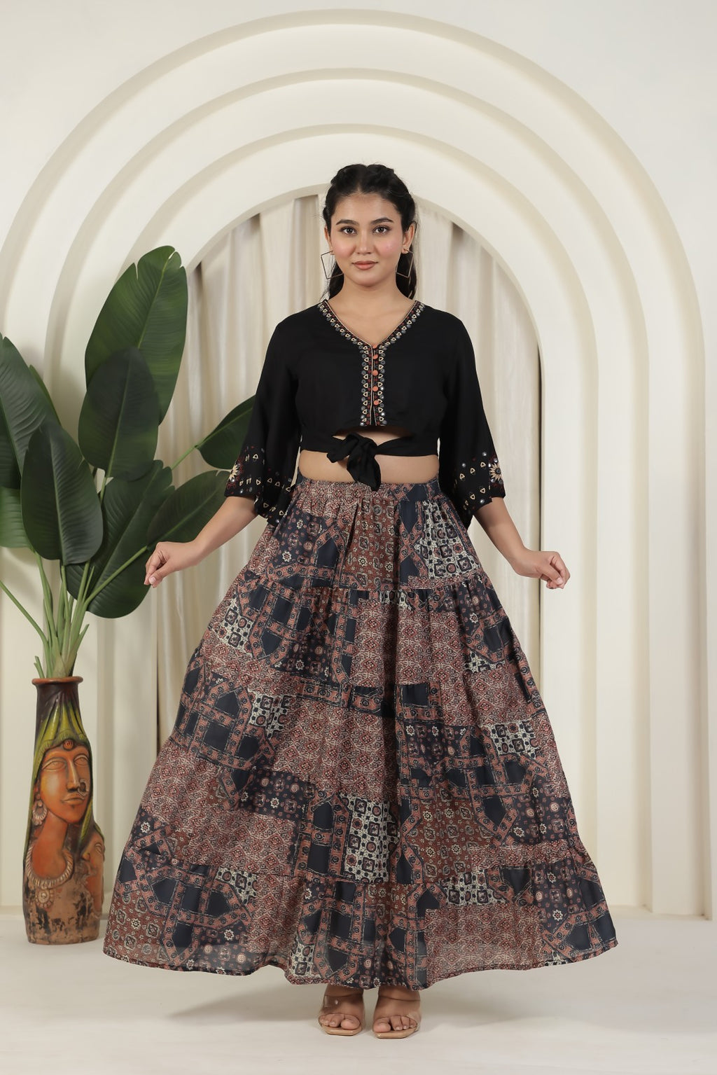 Black Rayon Cotton Top with Thread Work and Printed Skirt
