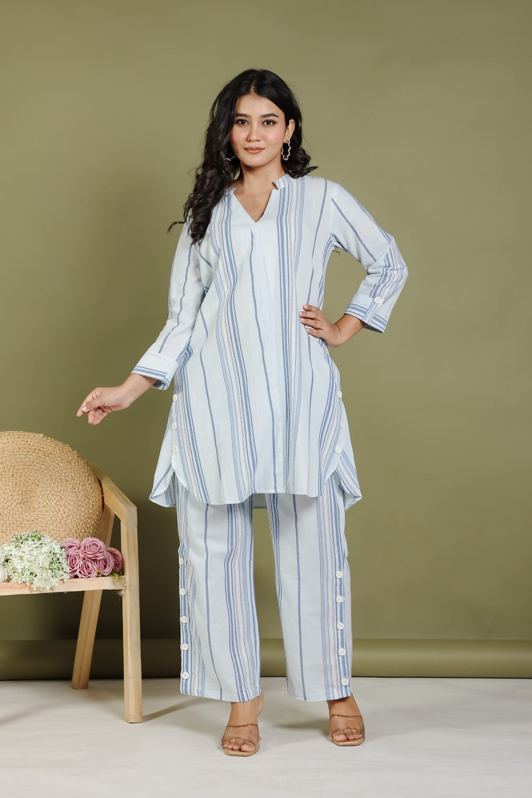 Light Sky Blue Cotton Top with Lining Prints, and Same Pant