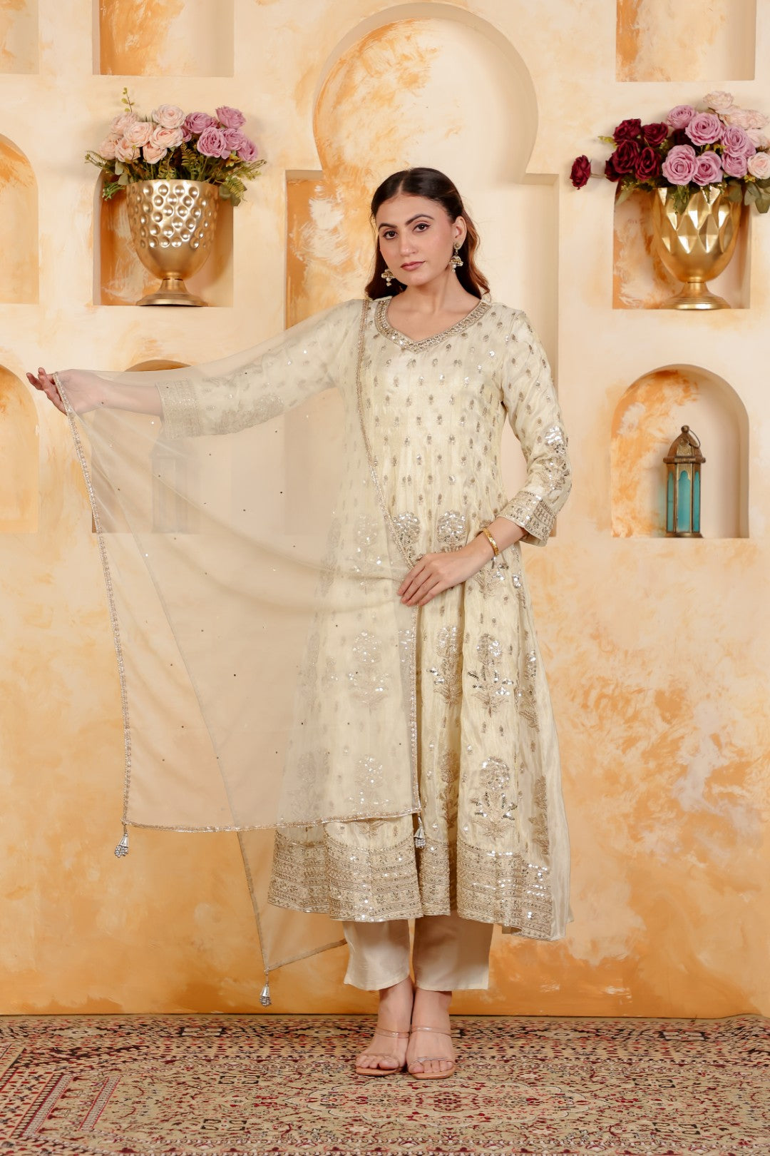 Off White Mosh Silk Suit with Full Sequins & Zari Work, Bottom & Dupatta