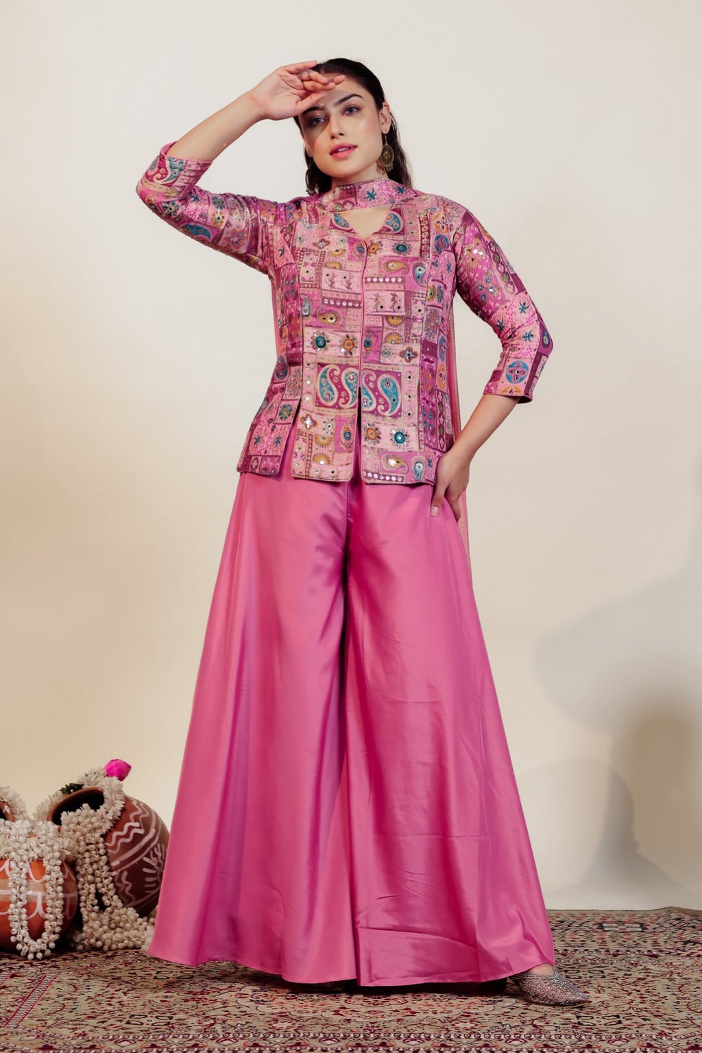 Baby Pink Silk Top with Banarsi Position Print, Sharara & Dupatta