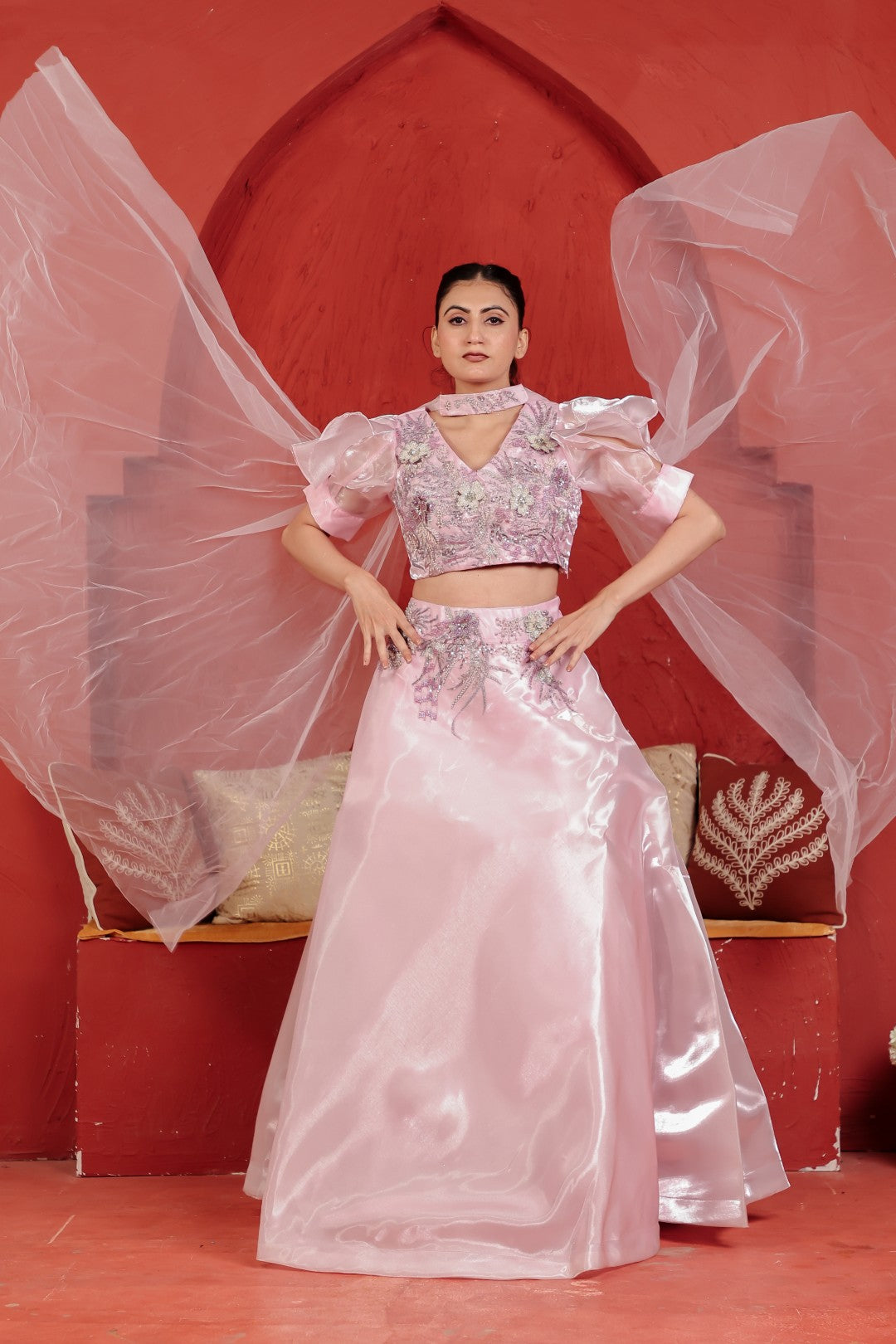 Baby Pink Jimmy Choo Lehenga with Handwork Blouse & Net Dupatta