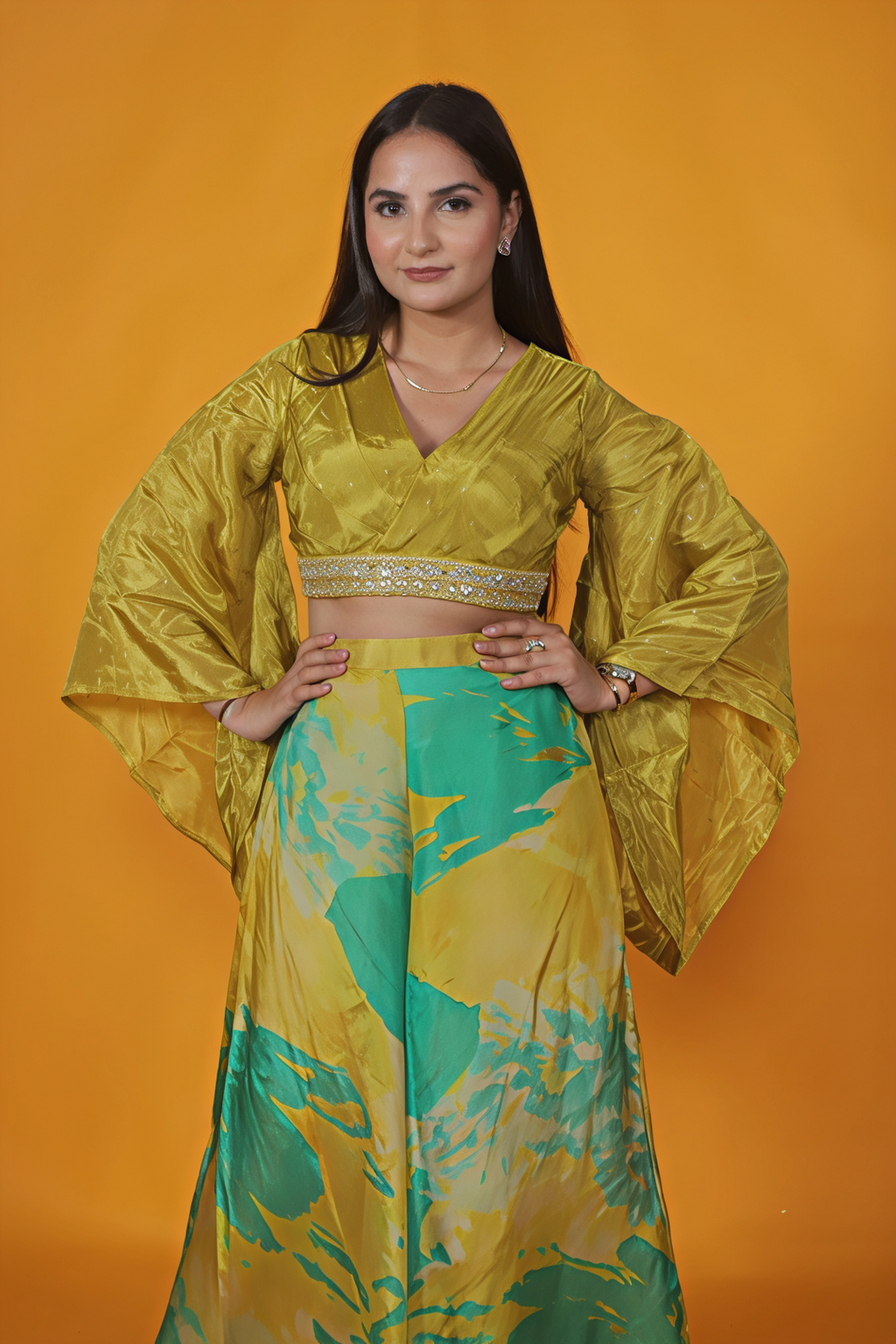 Gold Yellowish Silk Blouse with Handwork and Printed Sharara