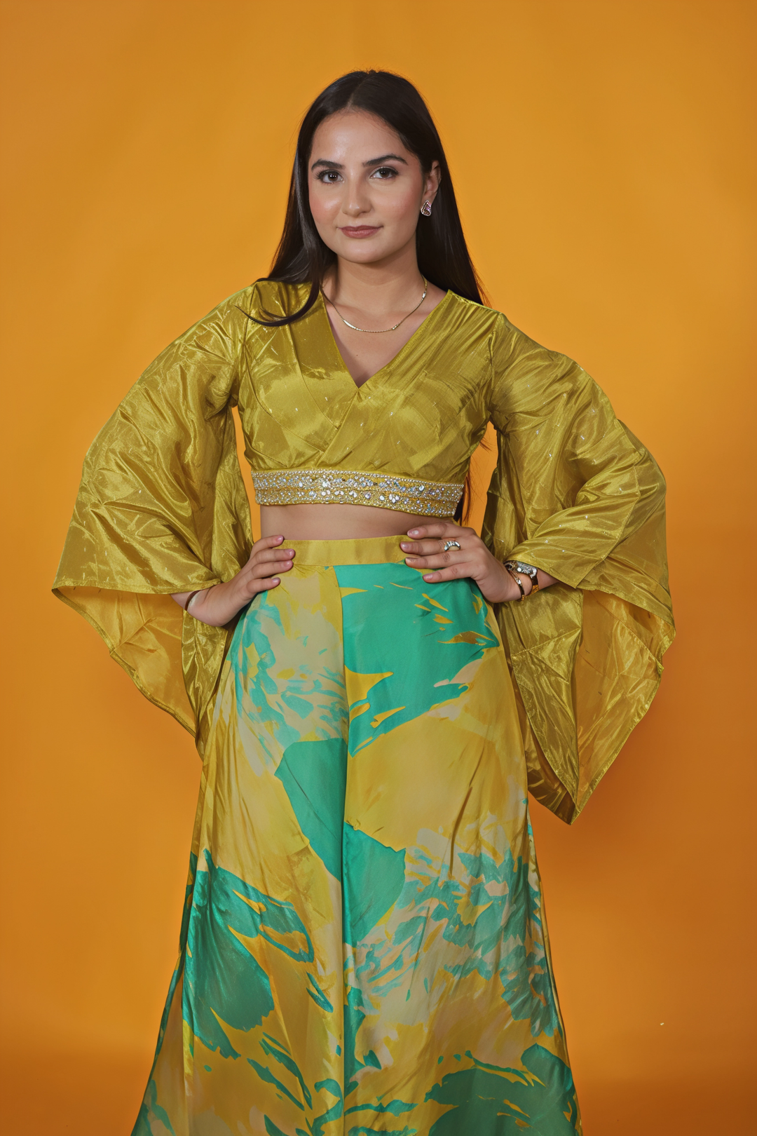 Gold Yellowish Silk Blouse with Handwork and Printed Sharara