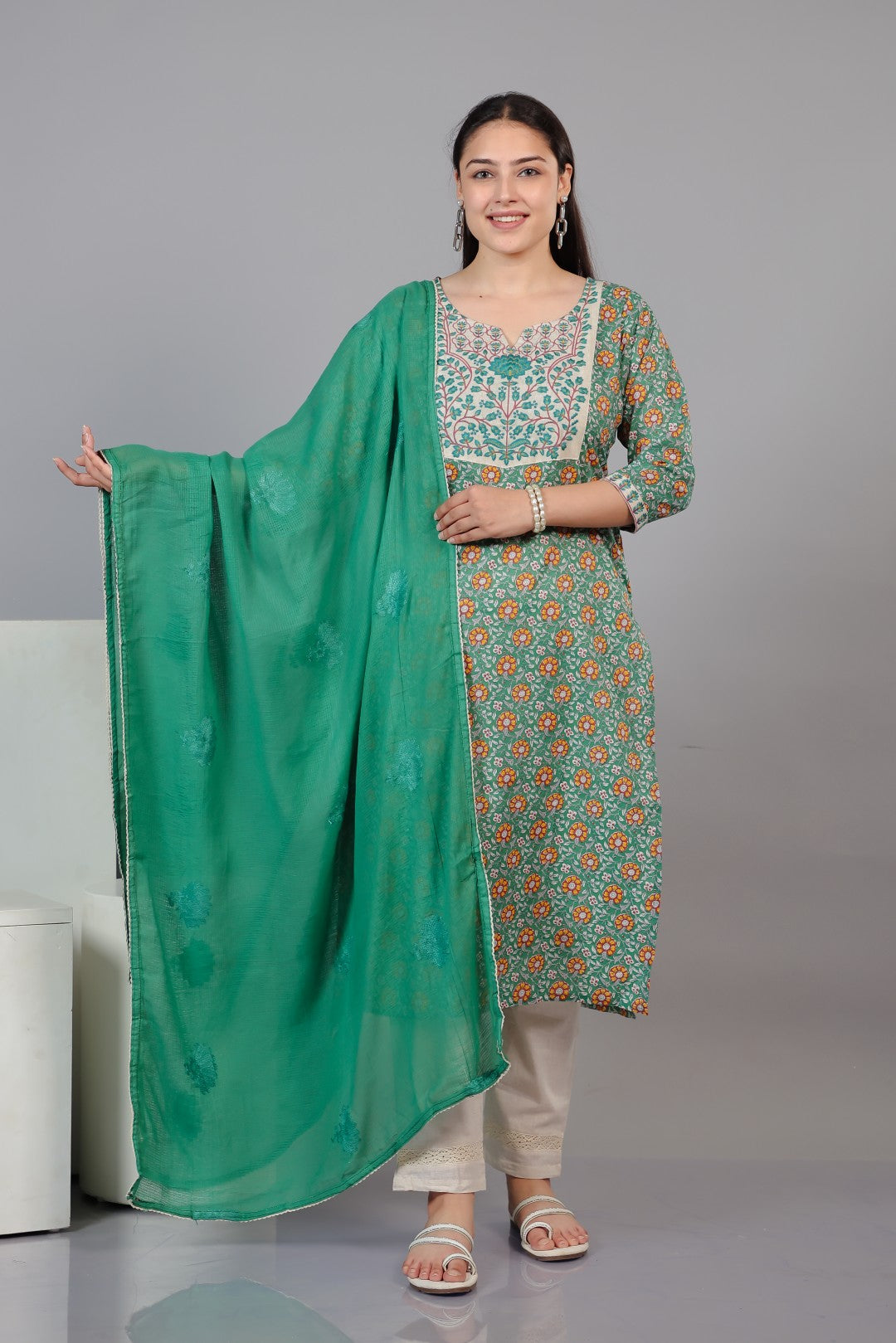 Green Cotton Printed Suit with Thread, Bottom & Dupatta
