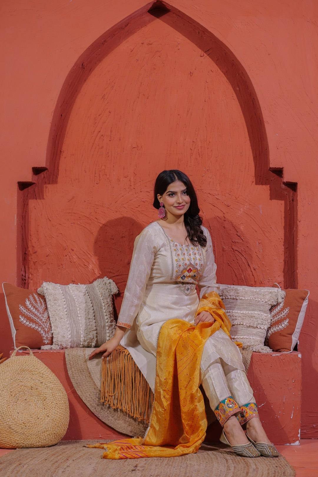 Off White Mosh Silk Suit with Self Print & Zari Sequin Work, Bottom & Dupatta