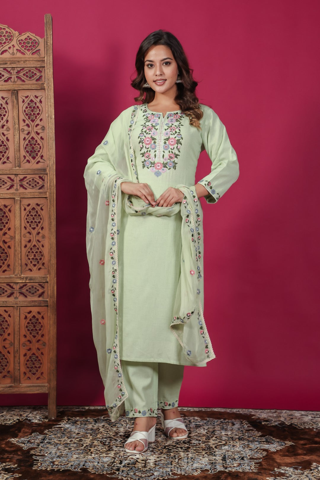Pista Green Linen Cotton Suit with Thread Embroidery, Bottom & Dupatta