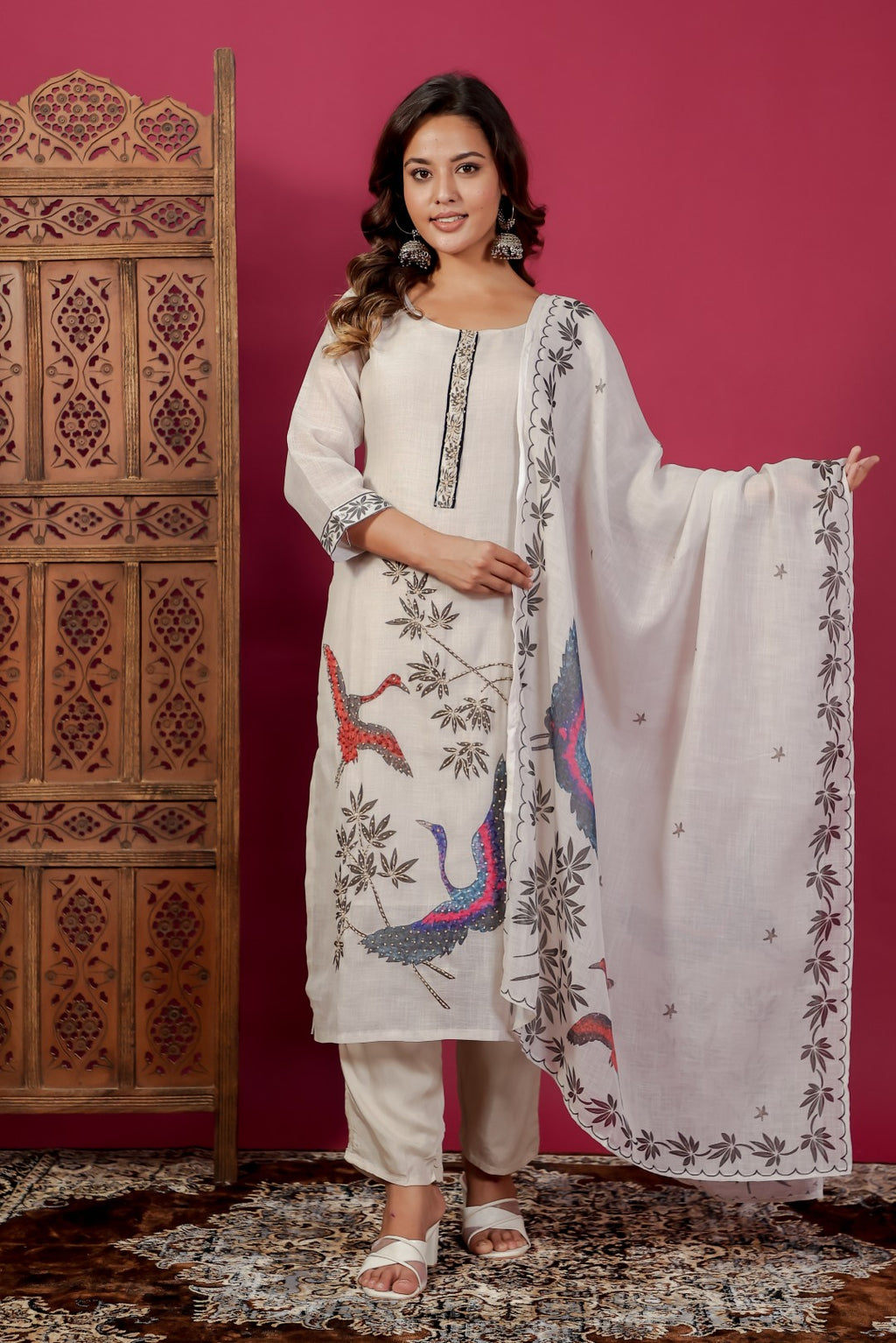 Off White Jute Linen Suit with Duck Print & Lucknavi Work, Bottom & Dupatta