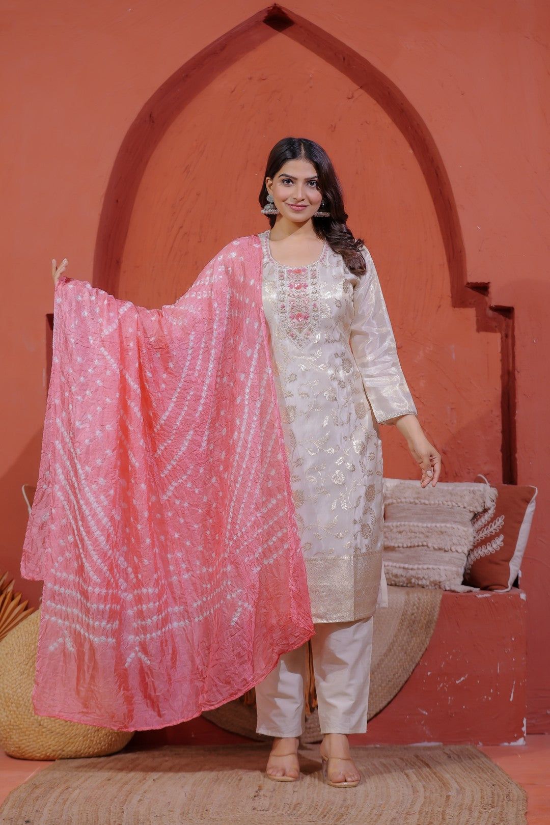 Off White Mosh Silk Suit with Full Banarasi Work, Pant & Dupatta