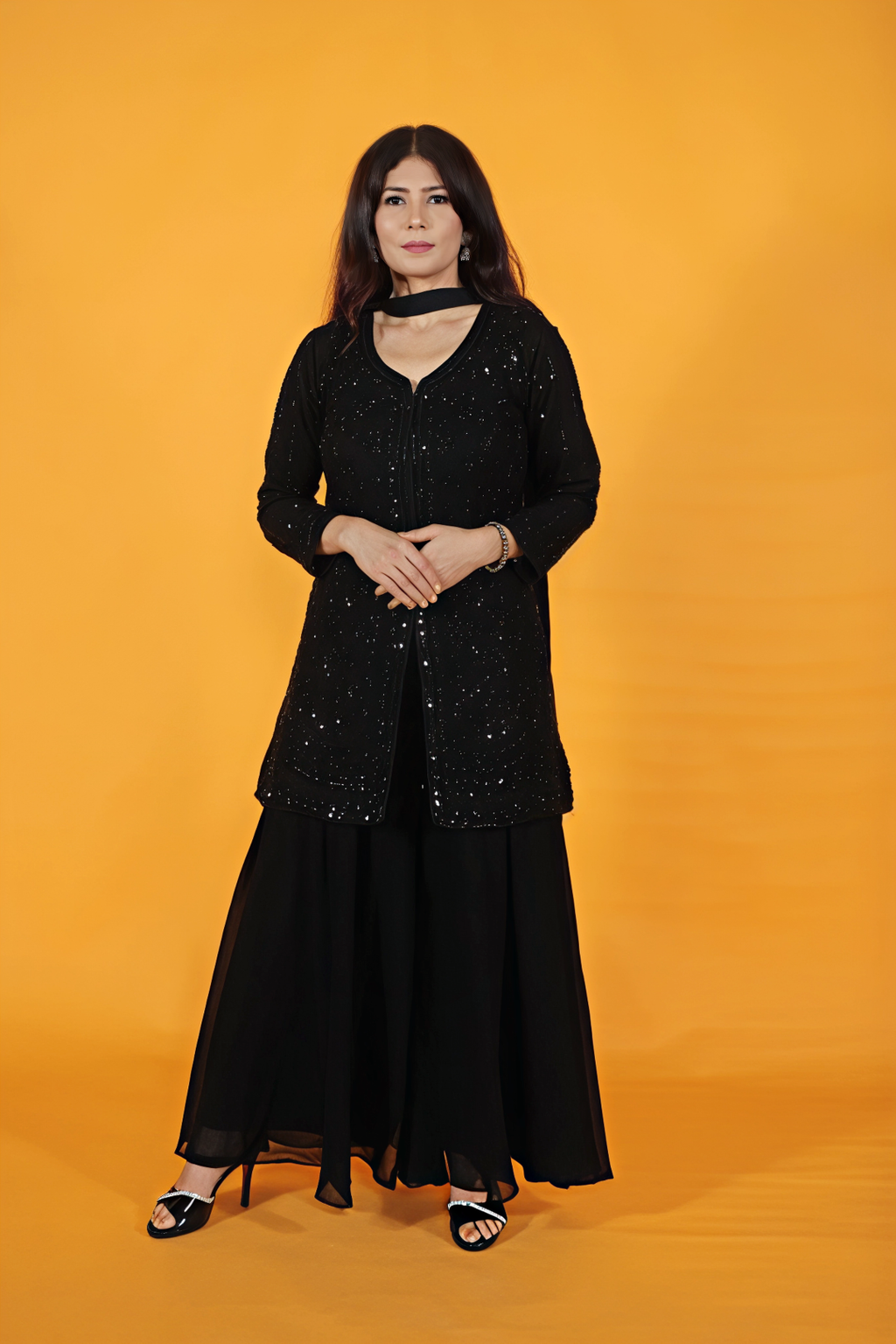 Black Georgette Top with Pearl & Sequins Work, Sharara & Dupatta