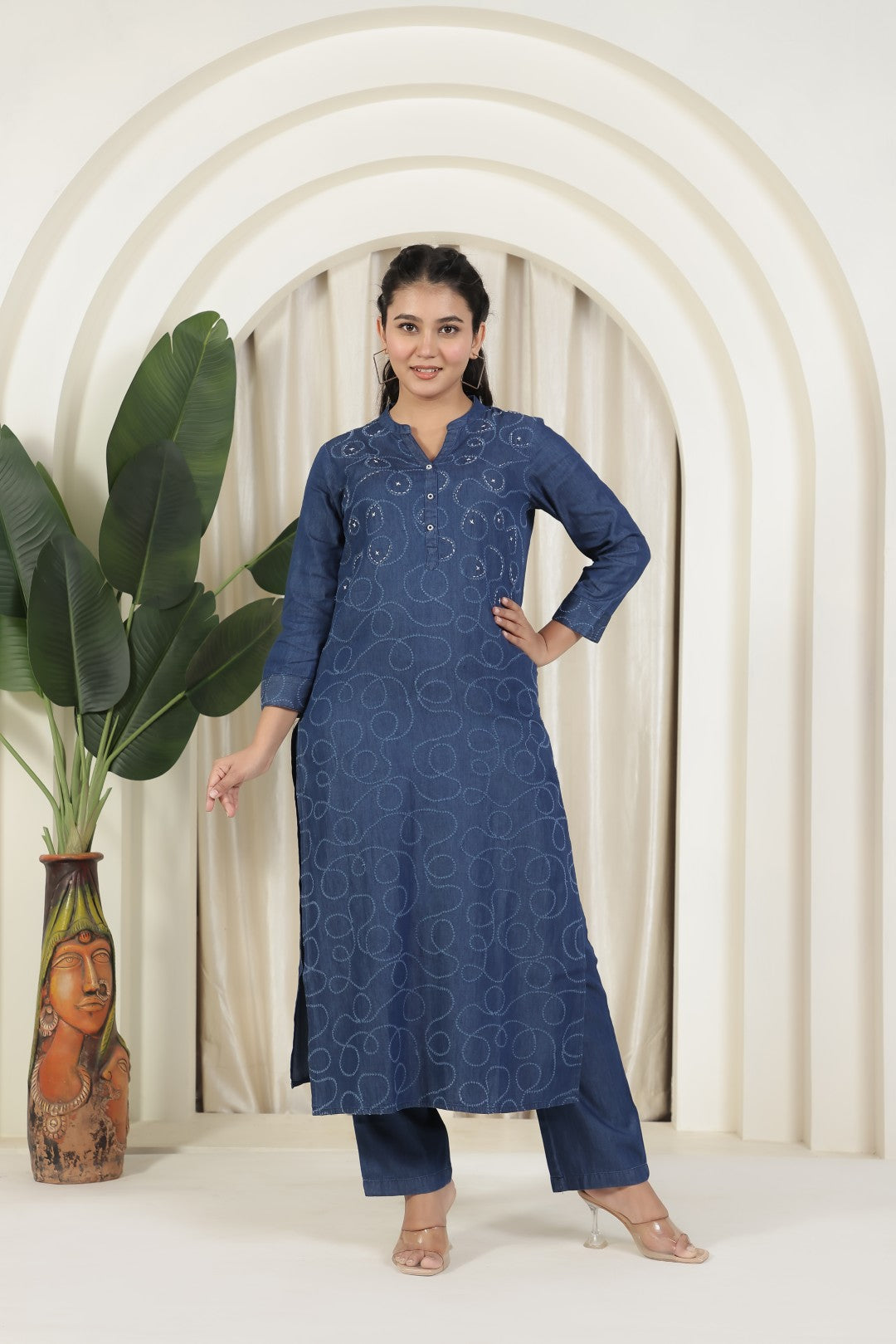 Navy Blue Denim Suit with Blue Thread Embroidery and Paired with Matching Pant