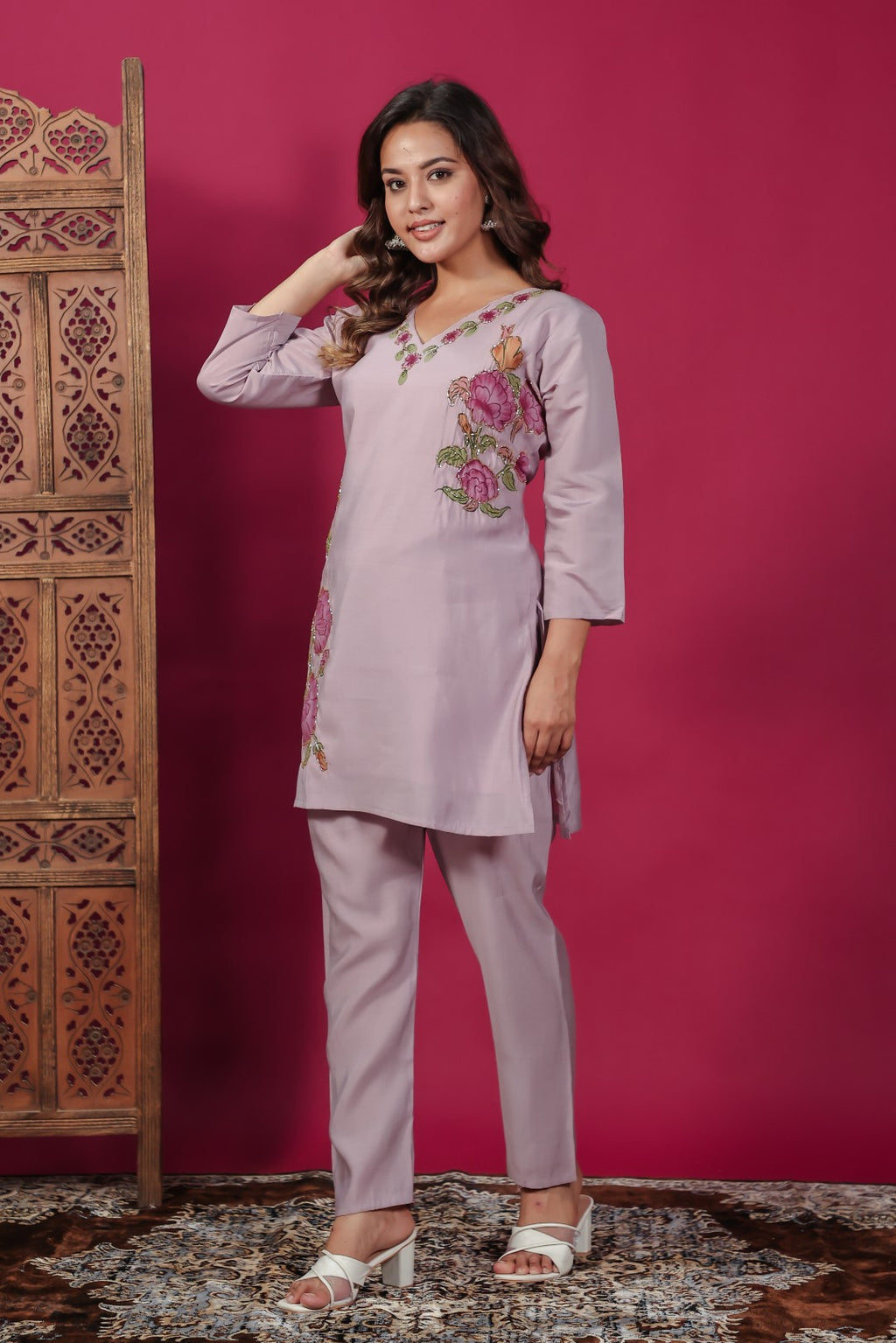 Light Lavender Muslin with Colorful Foil Floral Printed Co-ord Set