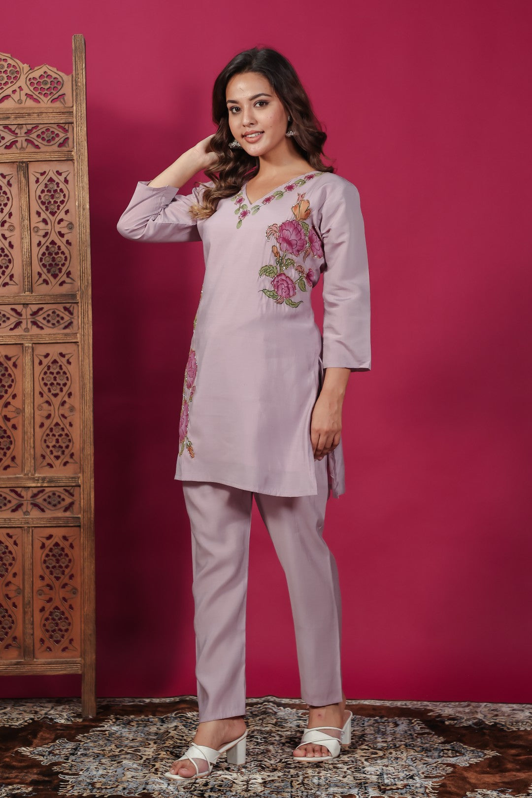 Light Lavender Muslin with Colorful Foil Floral Printed Co-ord Set