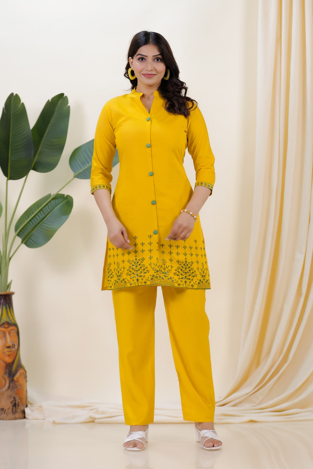Mustard Yellow Muslin with Sequin Thread Work Co-ord Set