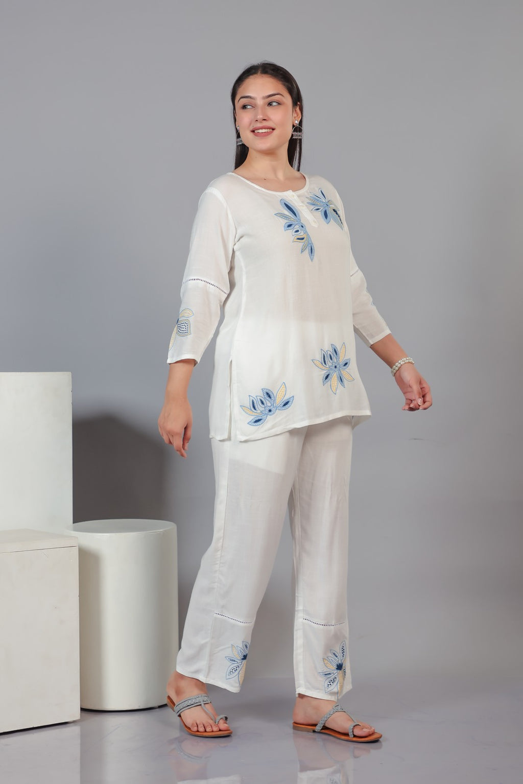 White Rayon with Thread Embroidery Co-ord Set