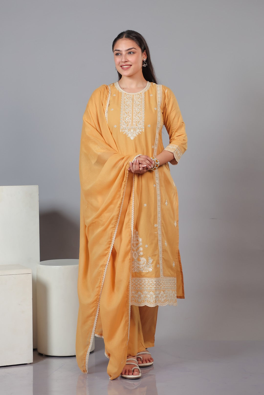 Mustard Brown Cotton Suit with Fine Thread Work, Bottom & Dupatta