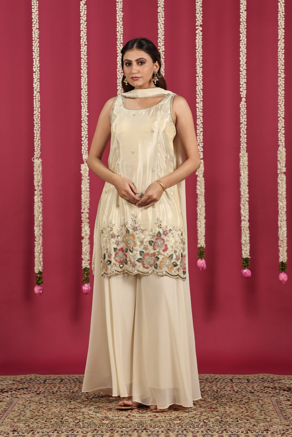 Beige Mosh Silk Suit with Thread Handwork Sharara & Choker Style Dupatta