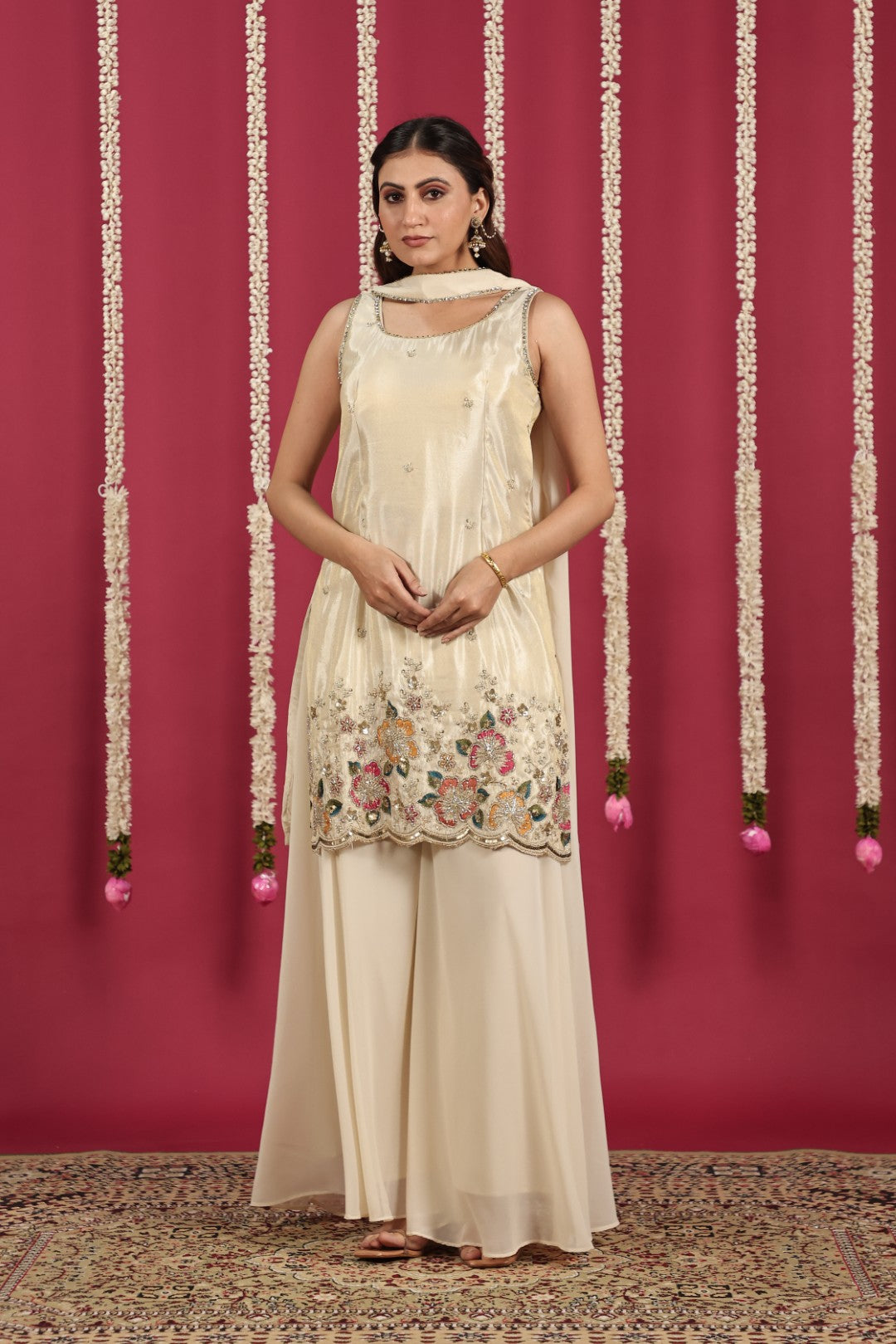 Beige Mosh Silk Suit with Thread Handwork Sharara & Choker Style Dupatta