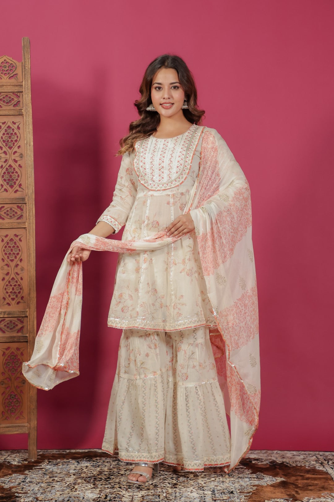 Off White Mulmul Cotton Foil Printed Suit, Sharara & Dupatta