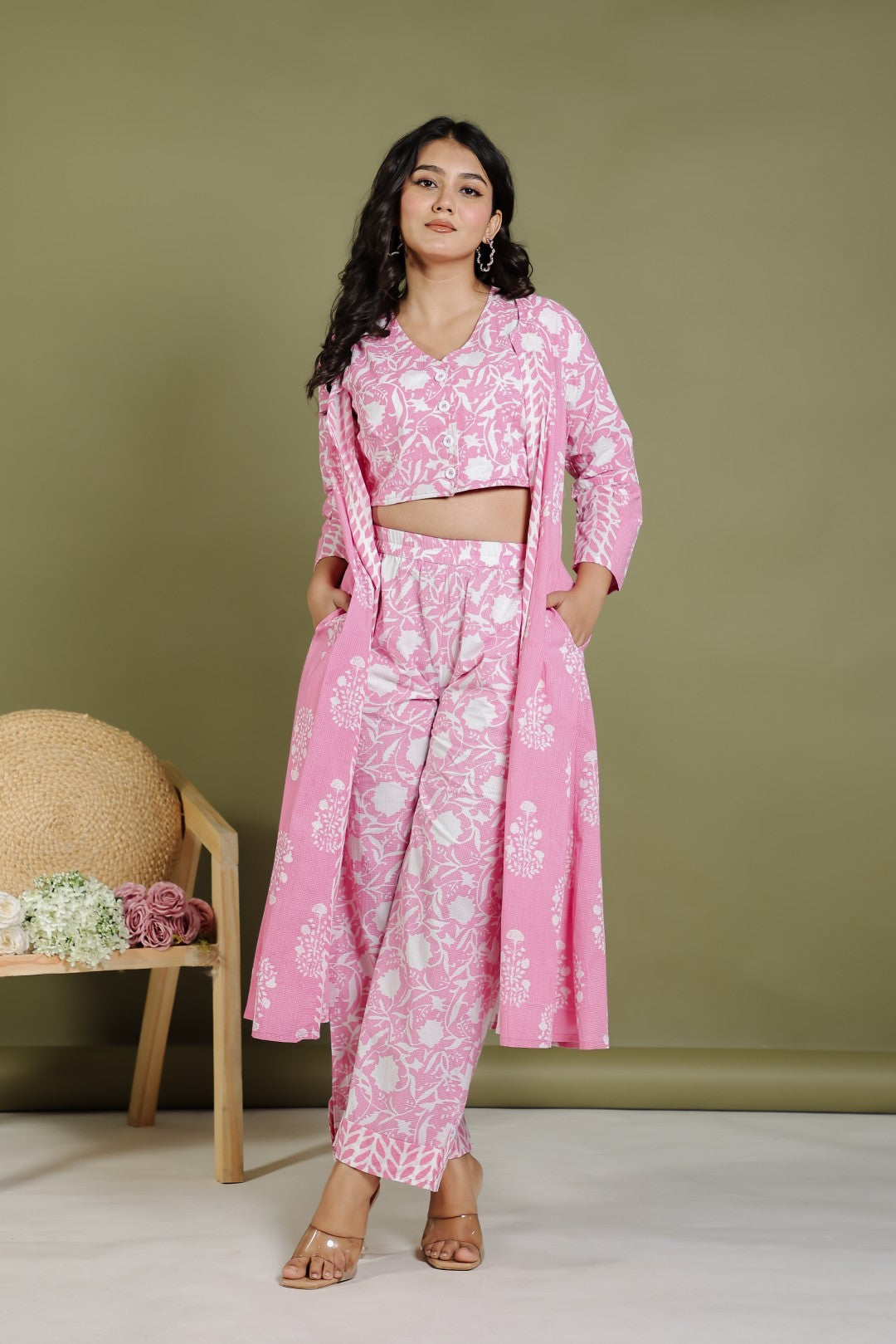 Pink Cambric Cotton Jacket Shrug with White Prints, and Paired with Matching Blouse & Pant